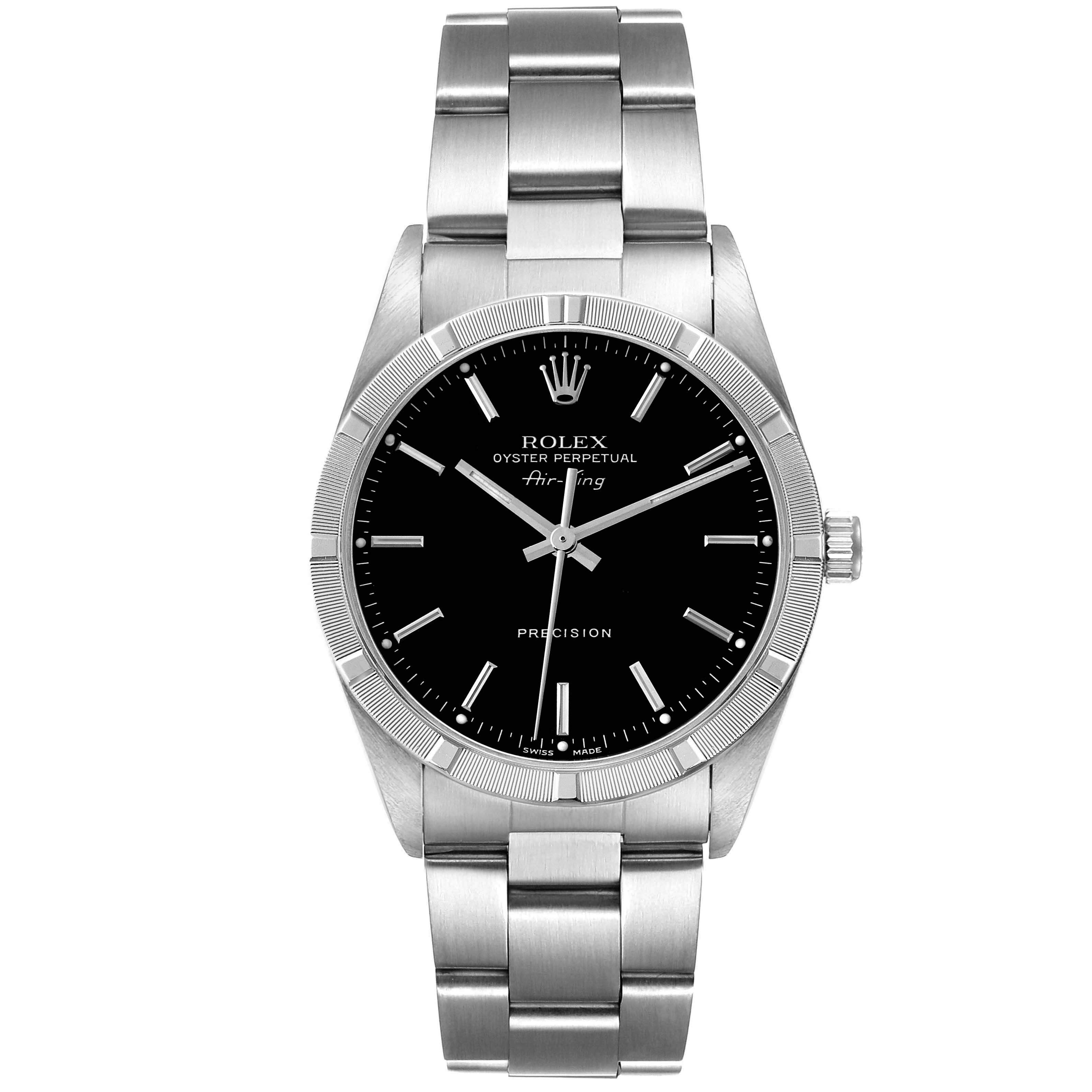 The image shows a front view of the Rolex Air-King 14010 Men's Stainless Steel Black Dial 14010 Men's Stainless Steel Black Dial watch, showcasing its black dial, stainless steel bracelet, and bezel.