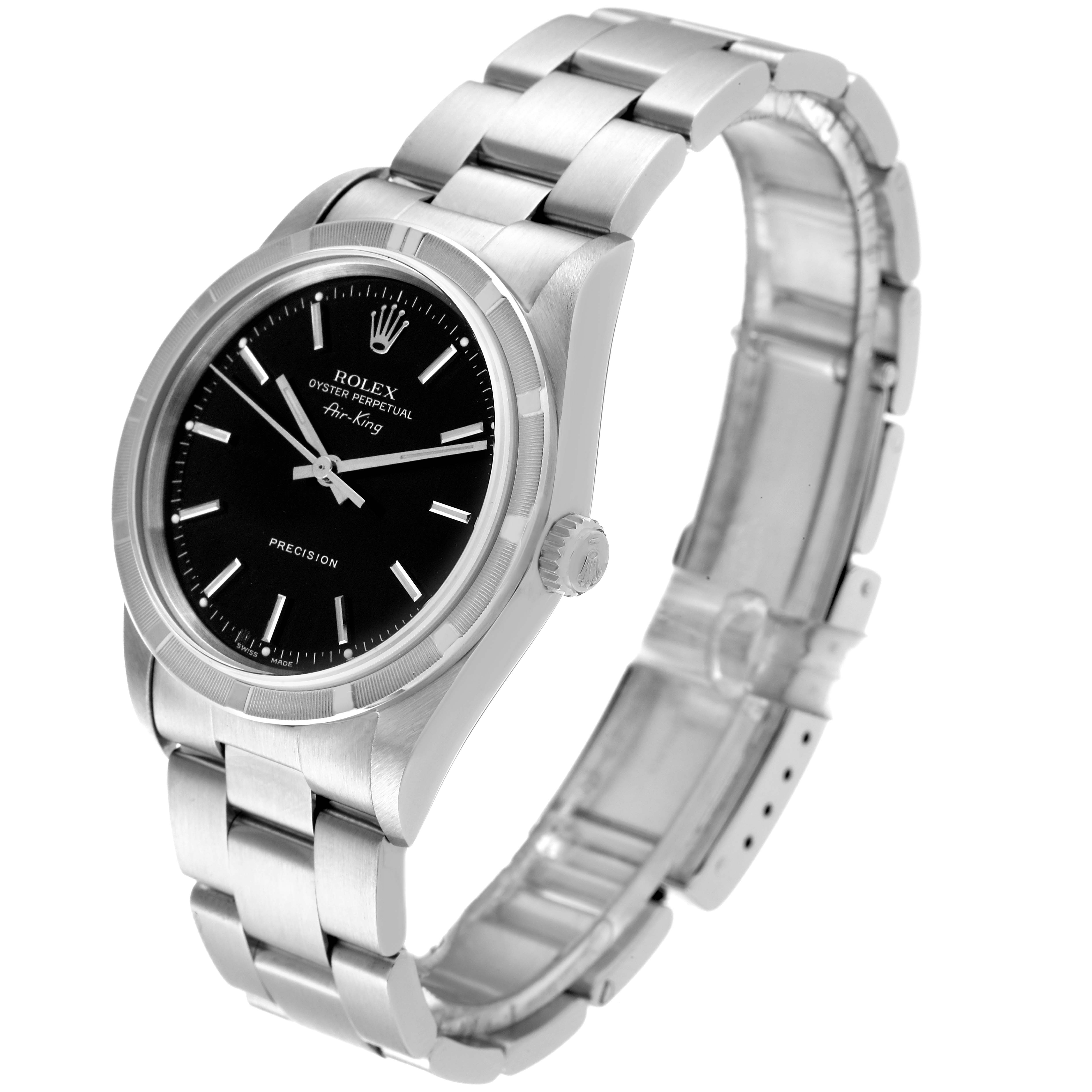 The Rolex Air-King 14010 Men's Stainless Steel Black Dial 14010 Men's Stainless Steel Black Dial watch is shown at an angle highlighting the face, crown, and bracelet.