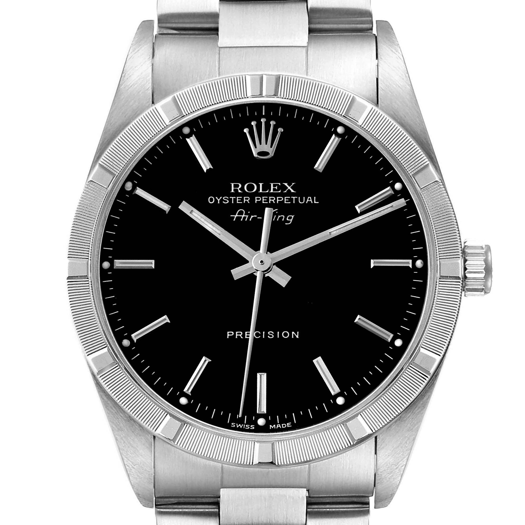 The image shows the face and front view of a Rolex Air-King 14010 Men's Stainless Steel Black Dial 14010 Men's Stainless Steel Black Dial watch, highlighting its black dial and metal band.