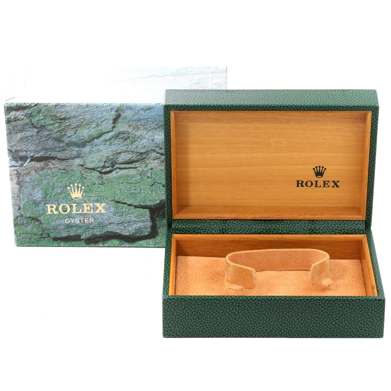 This image shows an open Rolex Air-King 14010 Men's Stainless Steel Black Dial 14010 Men's Stainless Steel Black Dial watch box with the outer packaging and cushion holder displayed.