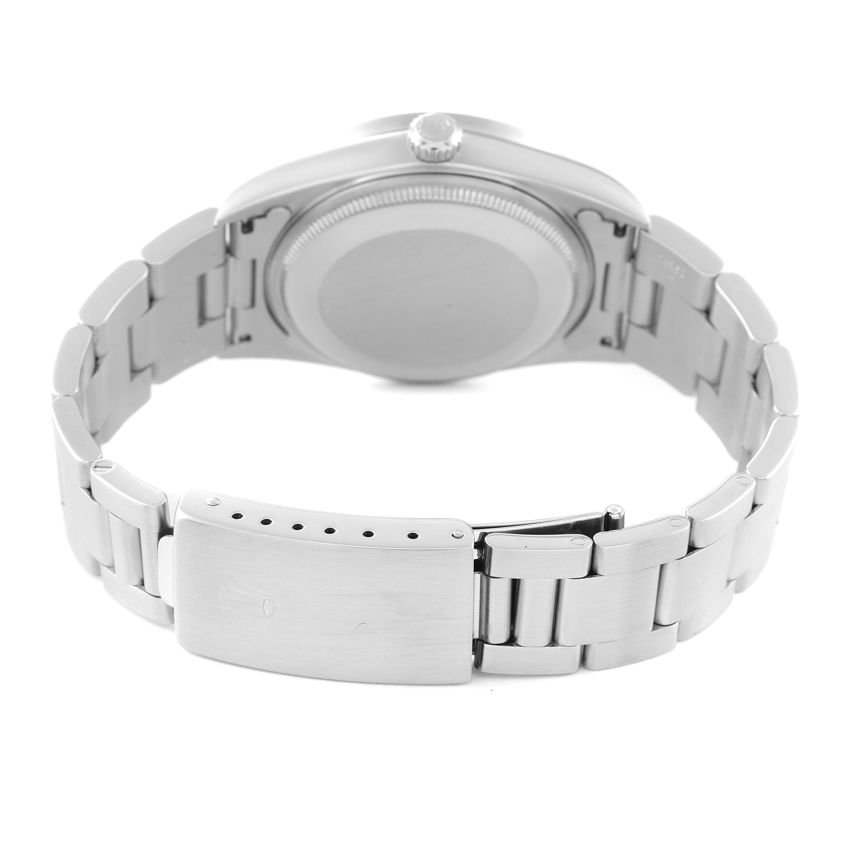 The image shows the back and clasp of the Rolex Air-King 14010 Men's Stainless Steel Black Dial 14010 Men's Stainless Steel Black Dial watch from a rear angle.