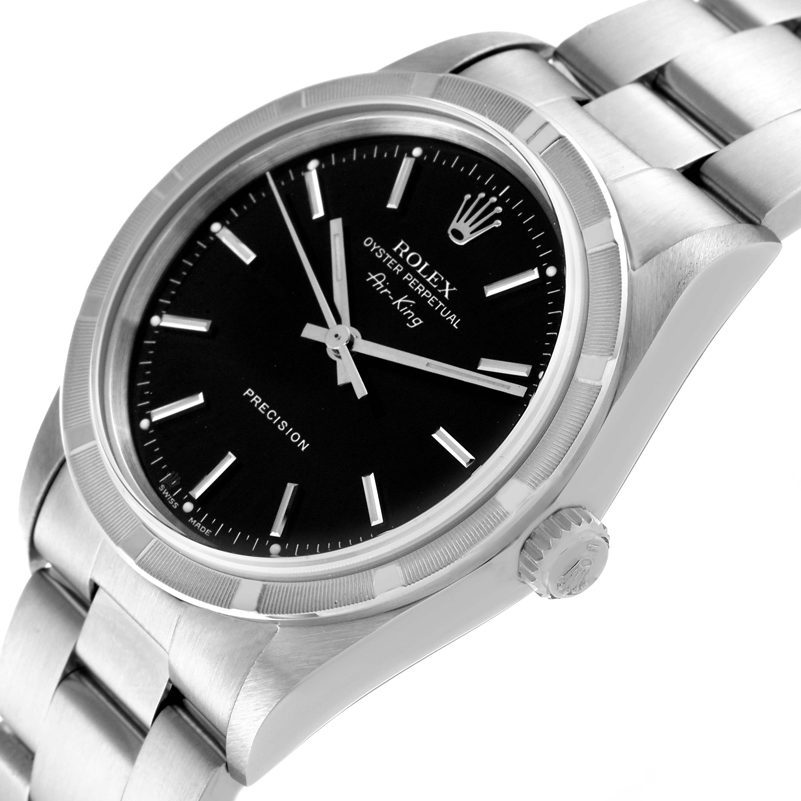 The Rolex Air-King 14010 Men's Stainless Steel Black Dial 14010 Men's Stainless Steel Black Dial watch is shown from a front angle, highlighting the face, bezel, crown, and bracelet.