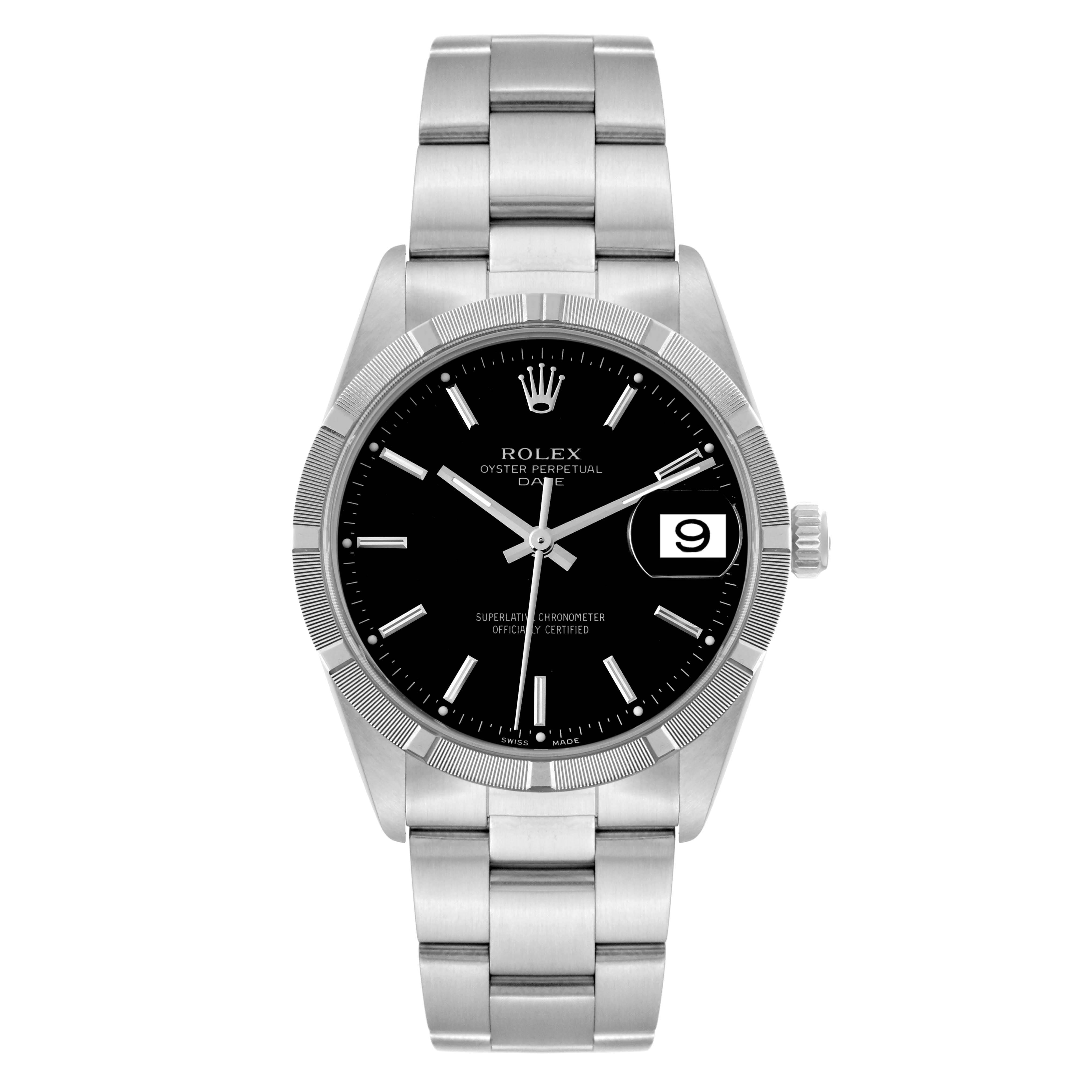 This image shows a Rolex Date 15210 Men
s Stainless Steel Black Dial 15210 Men
s Stainless Steel Black Dial model watch from a front angle, displaying the dial, hands, date window, and bracelet.