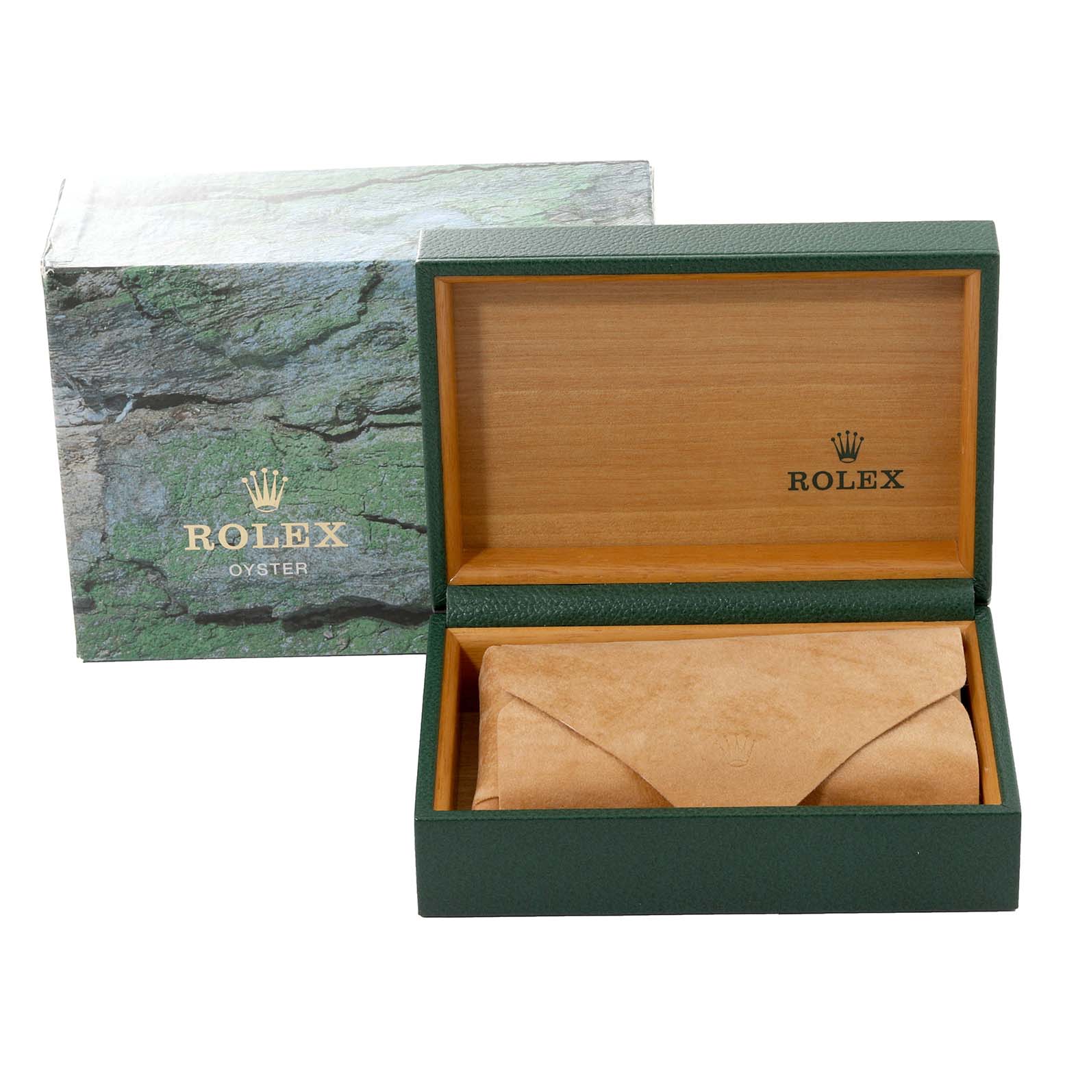 The image shows a Rolex Date 15210 Men
s Stainless Steel Black Dial 15210 Men
s Stainless Steel Black Dial model watch box and case at a front angle.