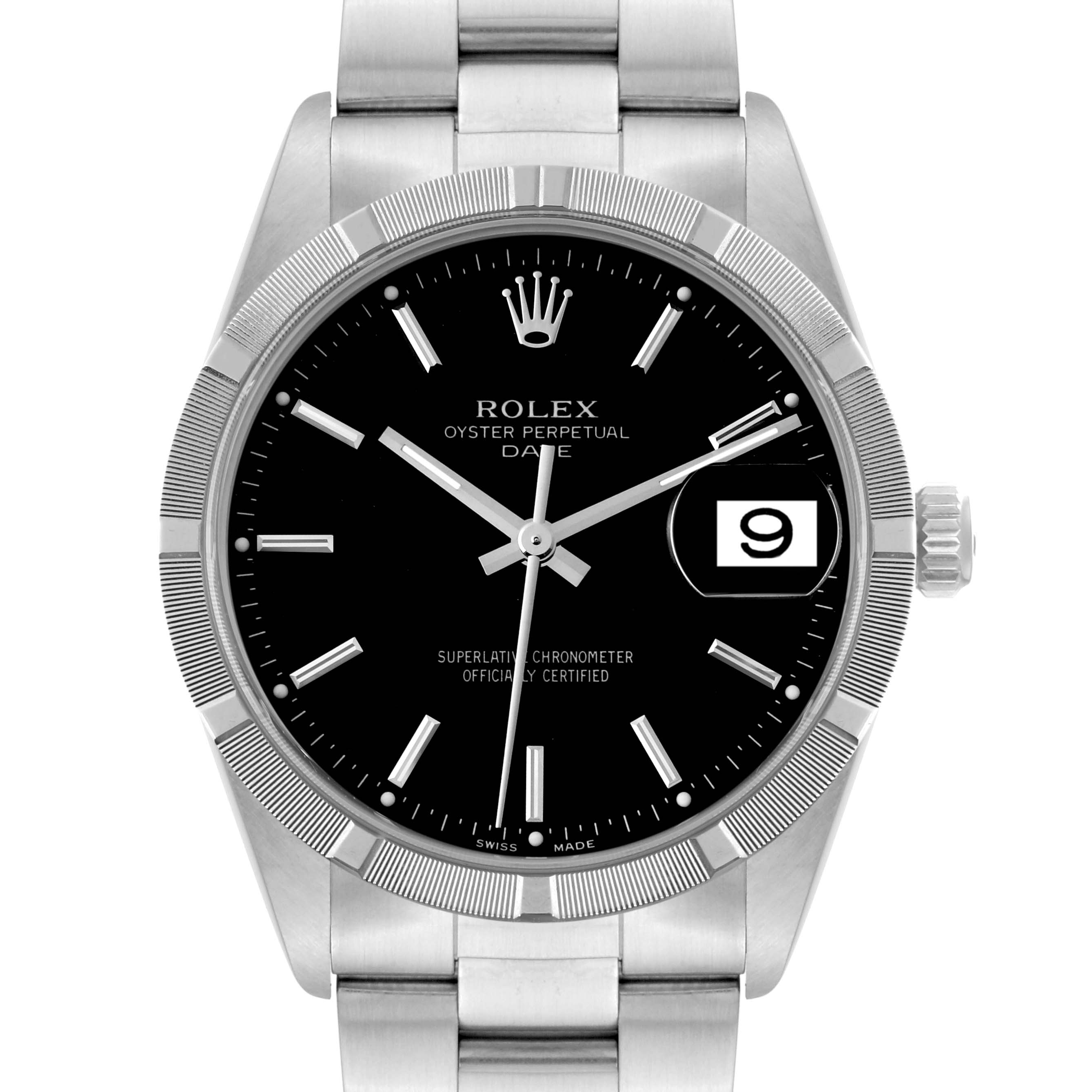 The image shows a Rolex Date 15210 Men
s Stainless Steel Black Dial 15210 Men
s Stainless Steel Black Dial model watch from the front, displaying the dial, bezel, crown, and part of the bracelet.