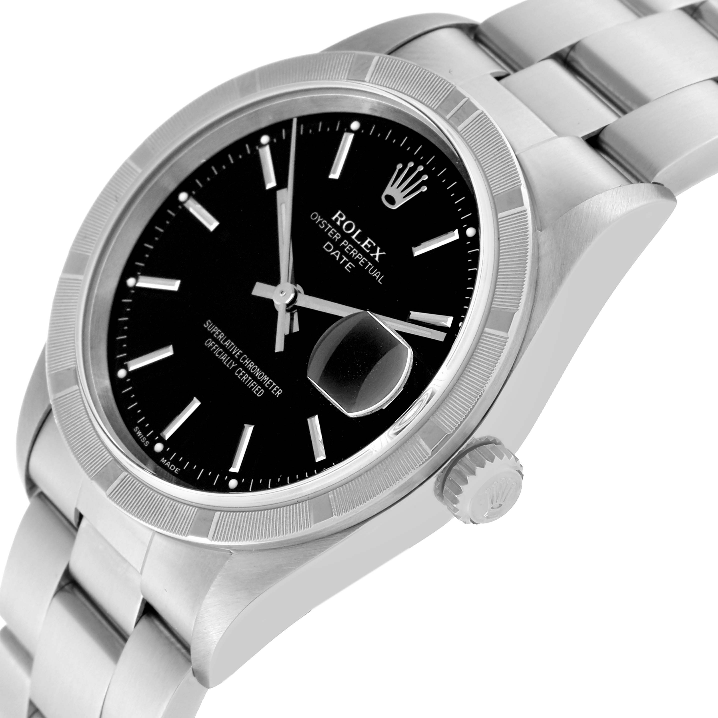 The Rolex Date 15210 Men
s Stainless Steel Black Dial 15210 Men
s Stainless Steel Black Dial watch is shown at a slight angle, highlighting the black dial, bezel, crown, and part of the bracelet.