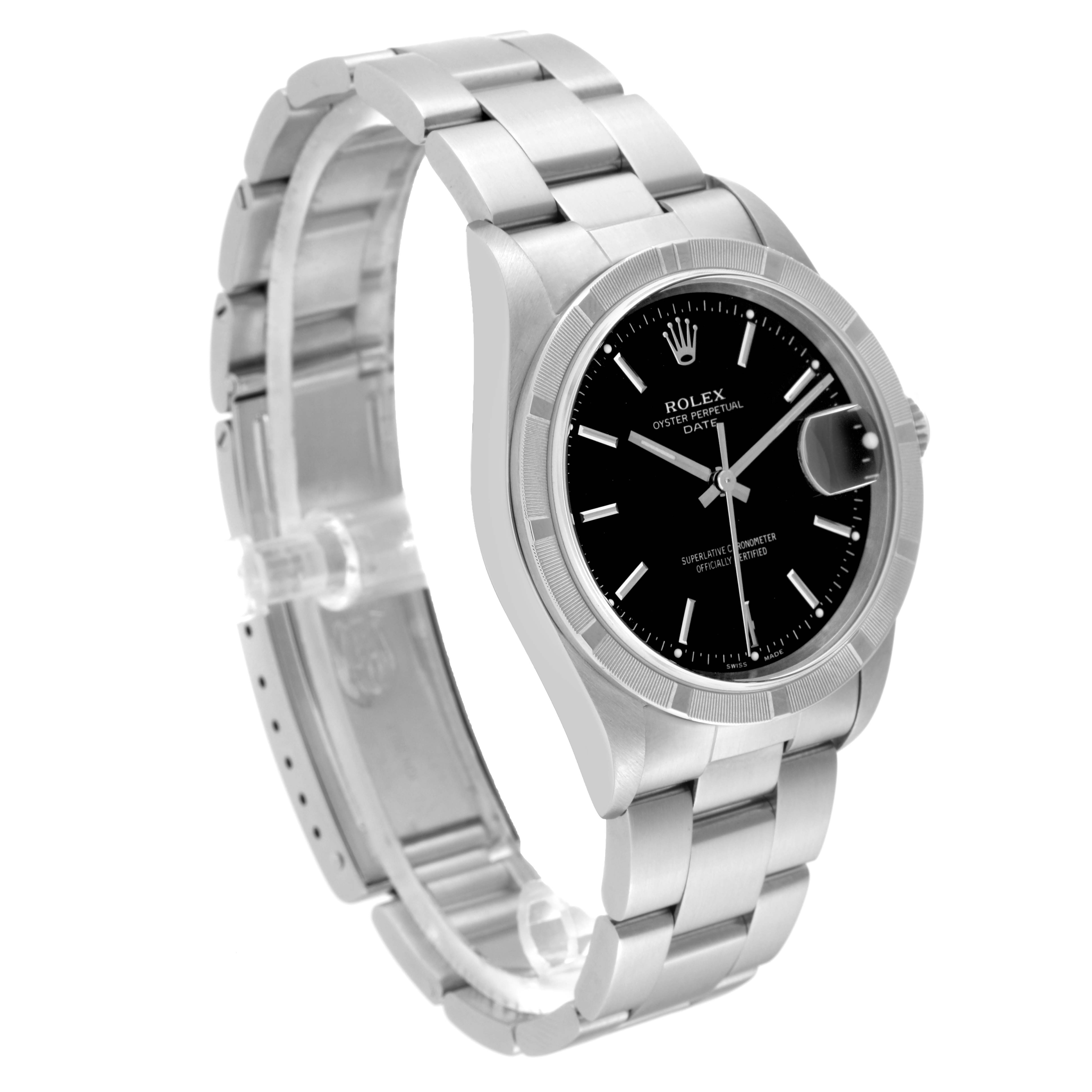 This image shows a side perspective of a Rolex Date 15210 Men
s Stainless Steel Black Dial 15210 Men
s Stainless Steel Black Dial model watch, highlighting the bracelet, bezel, and black dial.