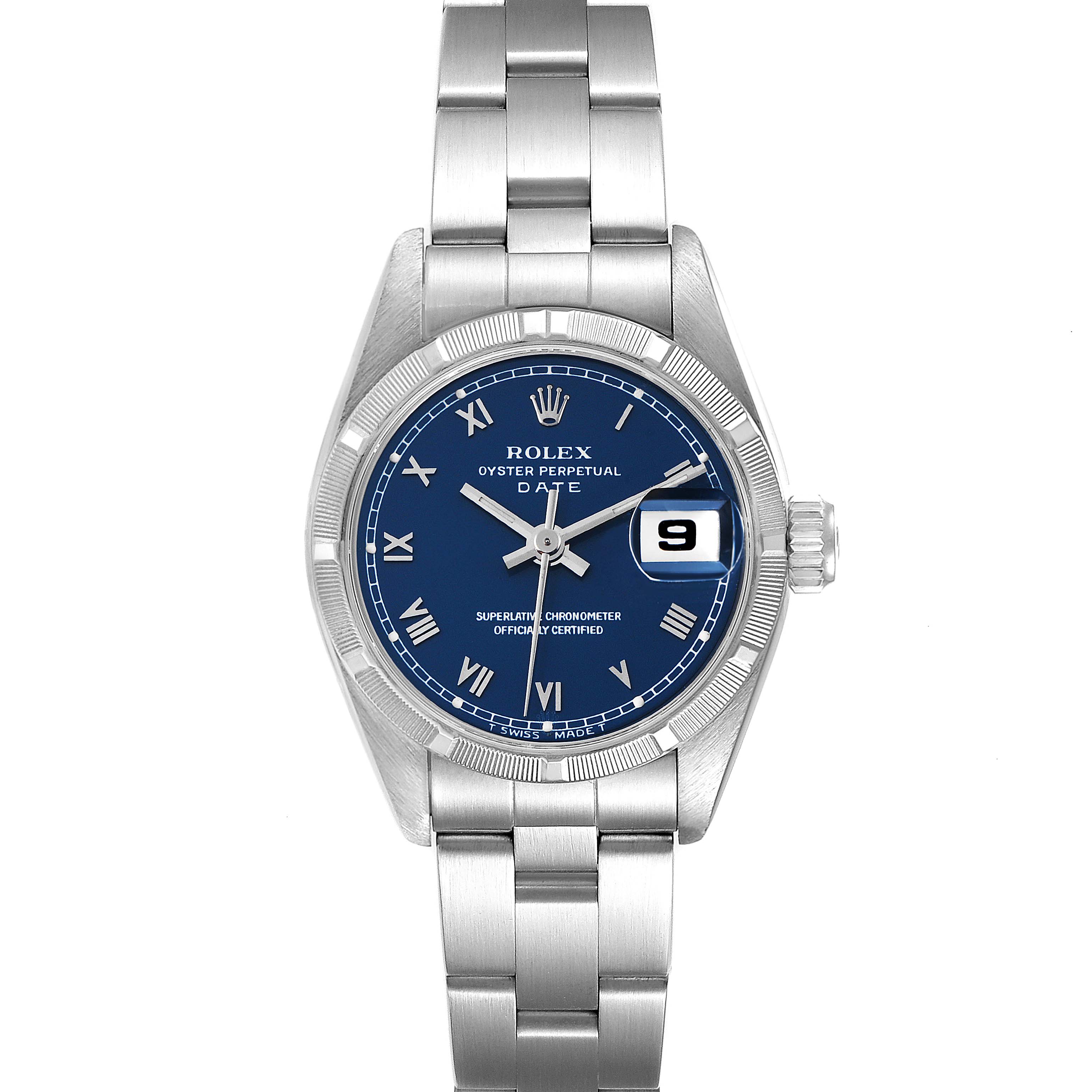 This image shows a full frontal view of a Rolex Oyster Perpetual Date watch, displaying the face, bezel, and bracelet.