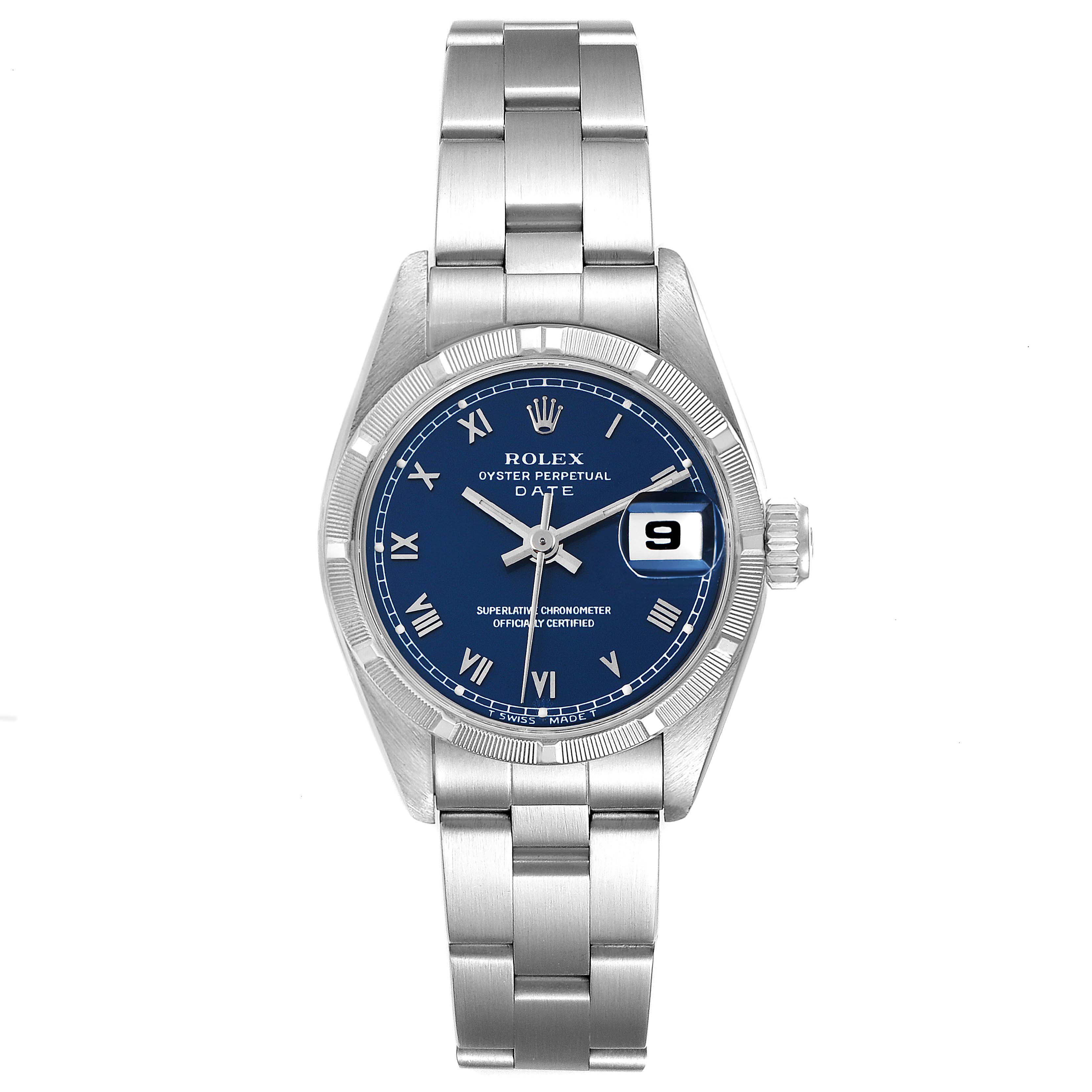 The image shows a front view of a Rolex Oyster Perpetual Date watch, highlighting its blue dial, date window, and stainless steel bracelet.