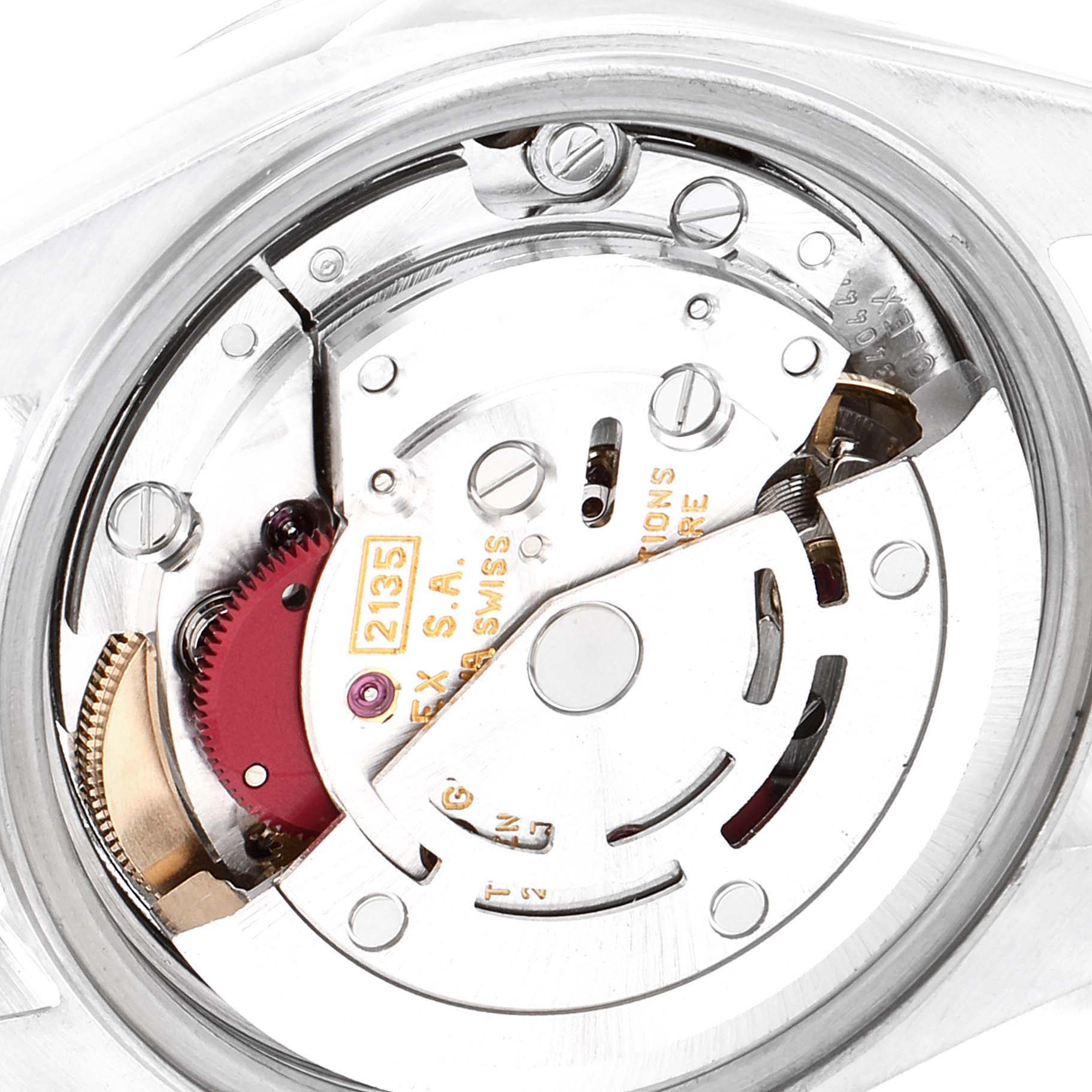 This image shows the internal mechanism of a Rolex Date 69190 Women's Stainless Steel Blue Dial 69190 Women's Stainless Steel Blue Dial model watch, focusing on the movement components.