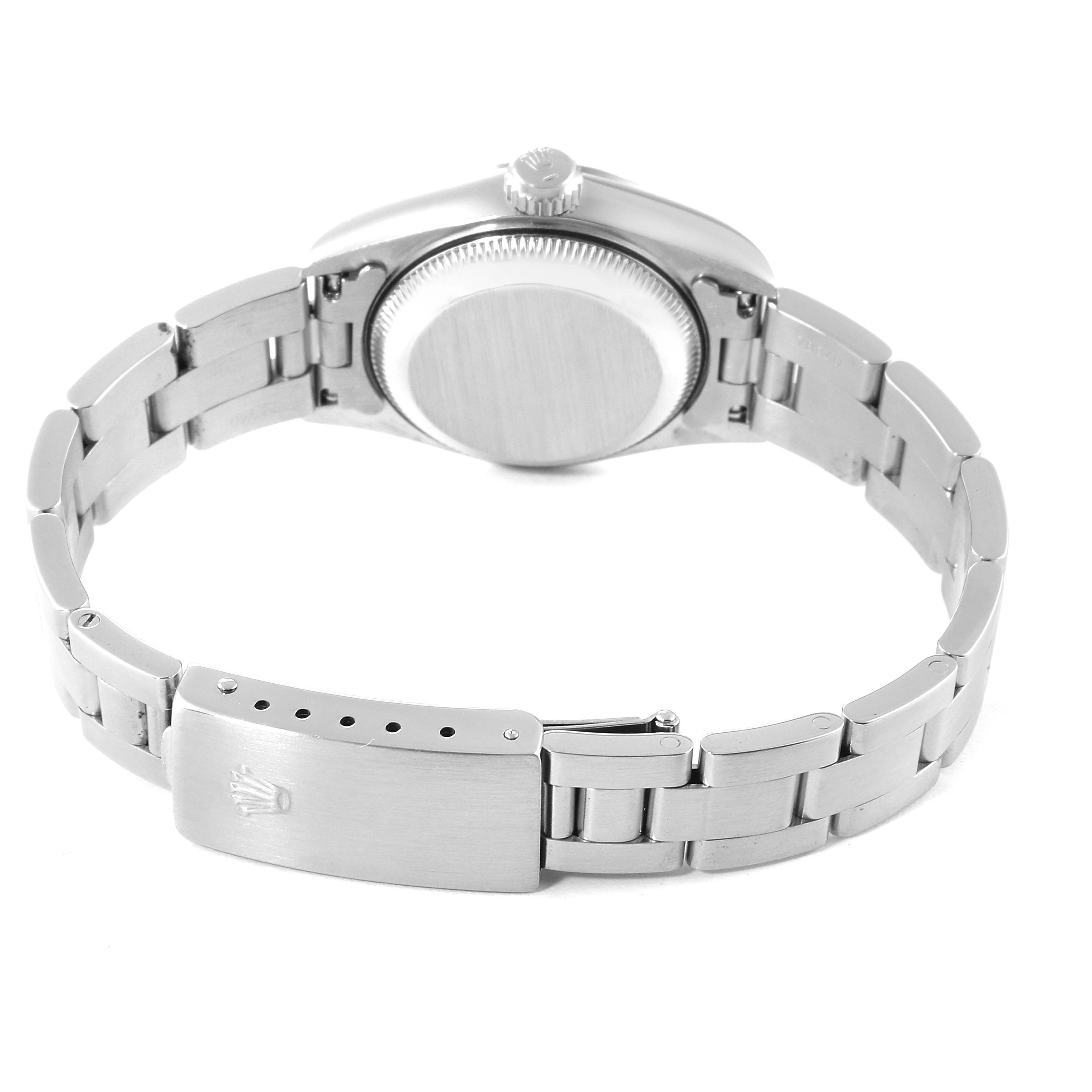 The image shows the backside and metal bracelet of a Rolex Date 69190 Women's Stainless Steel Blue Dial 69190 Women's Stainless Steel Blue Dial model watch, focusing on the case back and clasp.