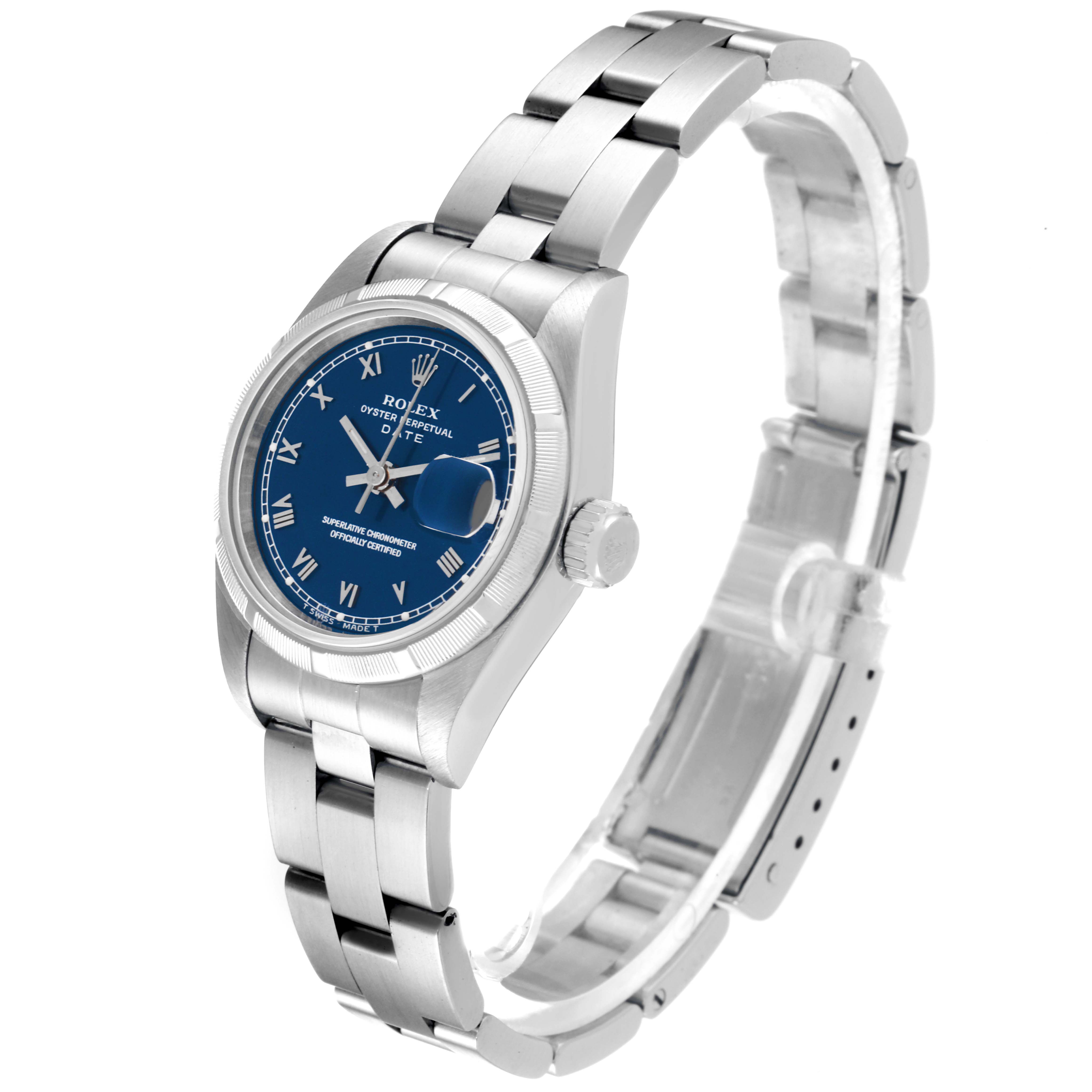 The image shows a side and a slightly angled top view of the Rolex Date 69190 Women's Stainless Steel Blue Dial 69190 Women's Stainless Steel Blue Dial model watch, highlighting its blue dial, bezel, and stainless steel bracelet.