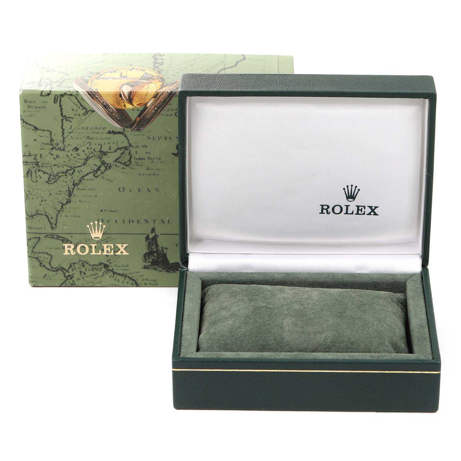 The image shows a Rolex Date 69190 Women's Stainless Steel Blue Dial 69190 Women's Stainless Steel Blue Dial model watch box and outer packaging, with the box open and the pillow inside.