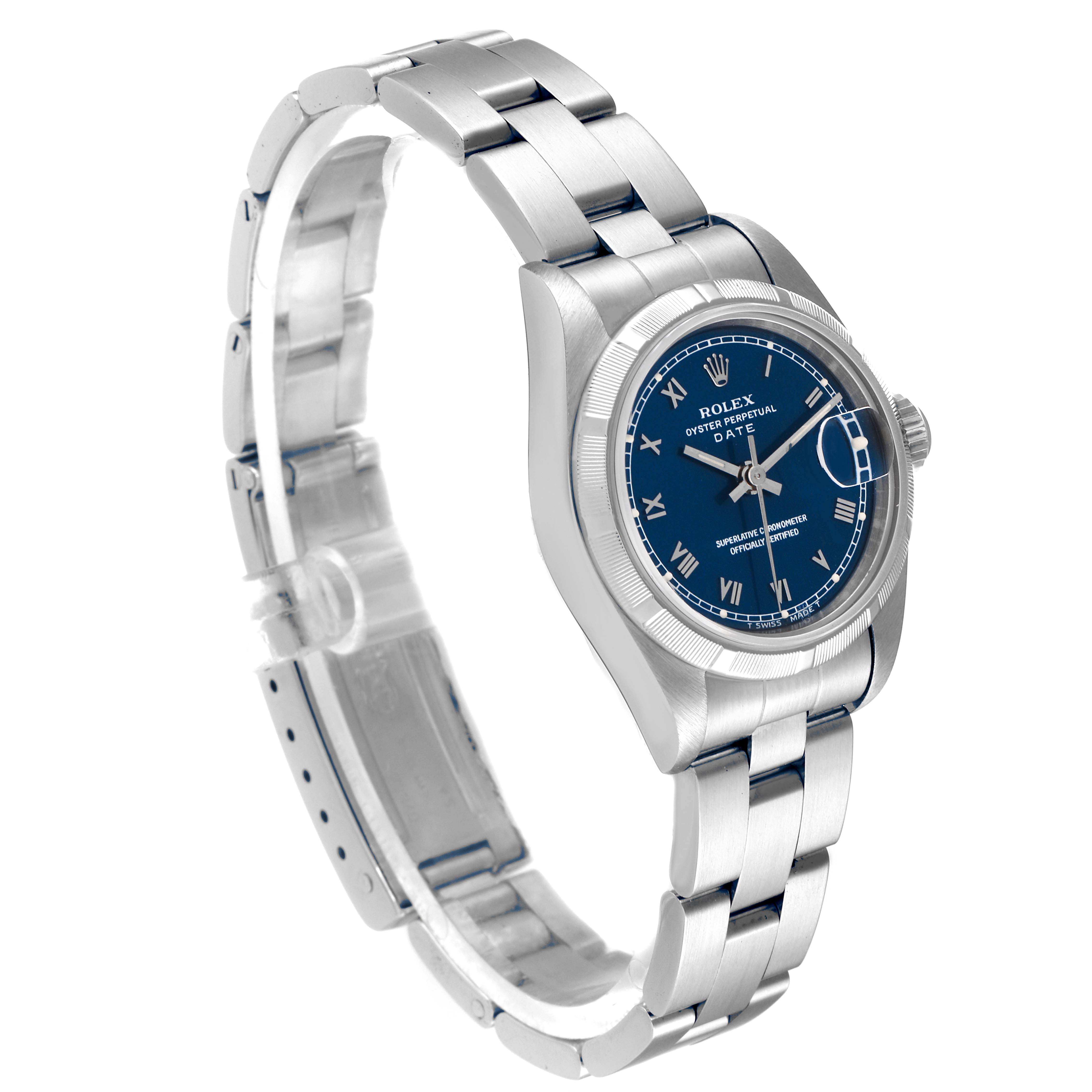 The Rolex Date 69190 Women's Stainless Steel Blue Dial 69190 Women's Stainless Steel Blue Dial model watch is shown at a slight angle, highlighting its blue dial, oyster bracelet, and case.