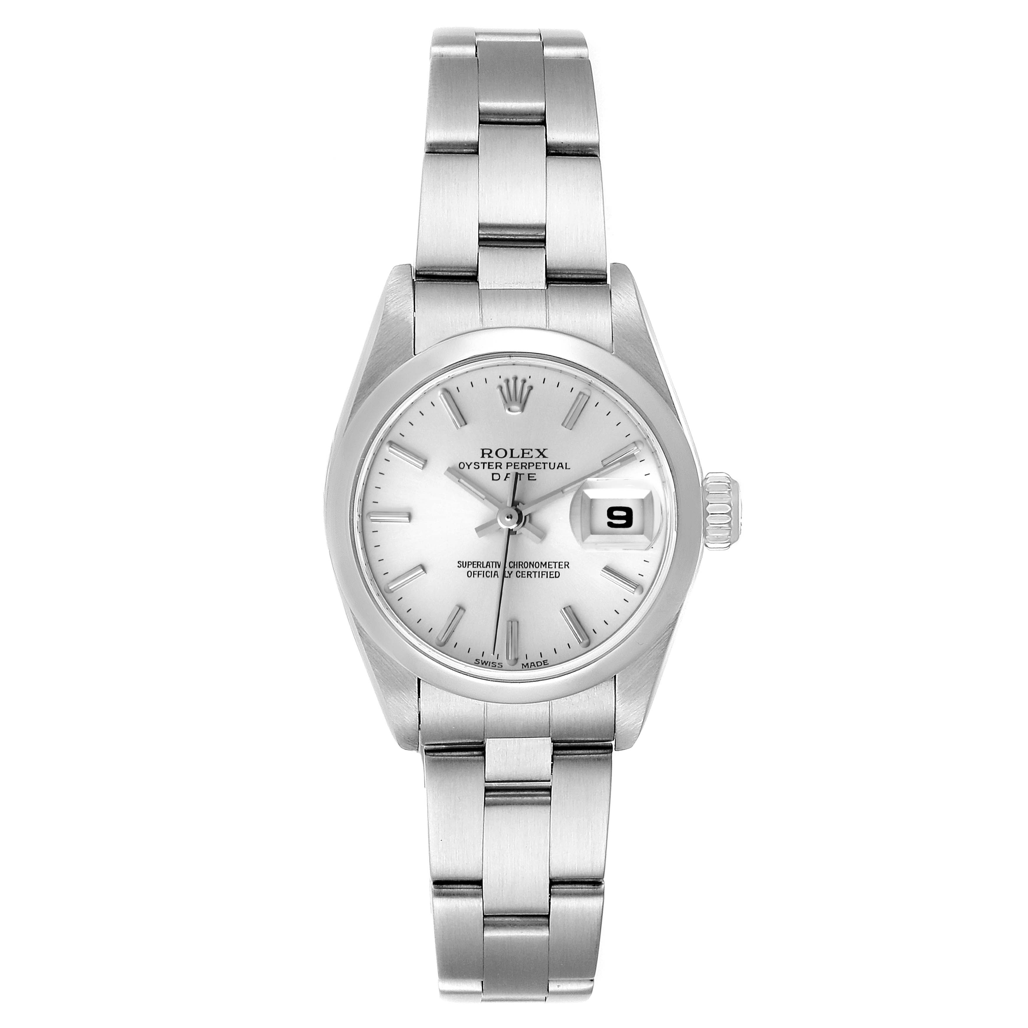 The image shows a front view of a Rolex Date 79160 Women
s Stainless Steel Silver Dial 79160 Women
s Stainless Steel Silver Dial model watch, displaying its face, bracelet, and the date window.