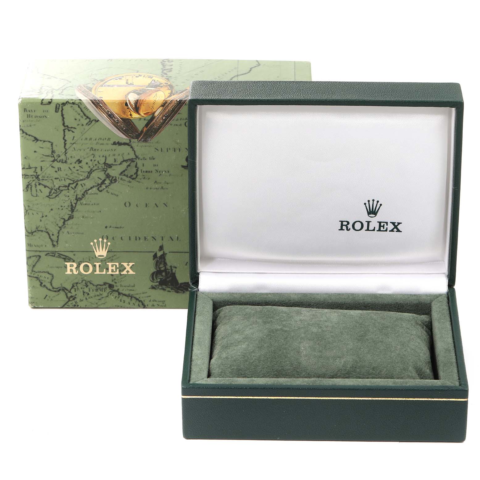 The image shows the open box and outer packaging of a Rolex Date 79160 Women
s Stainless Steel Silver Dial 79160 Women
s Stainless Steel Silver Dial model watch.