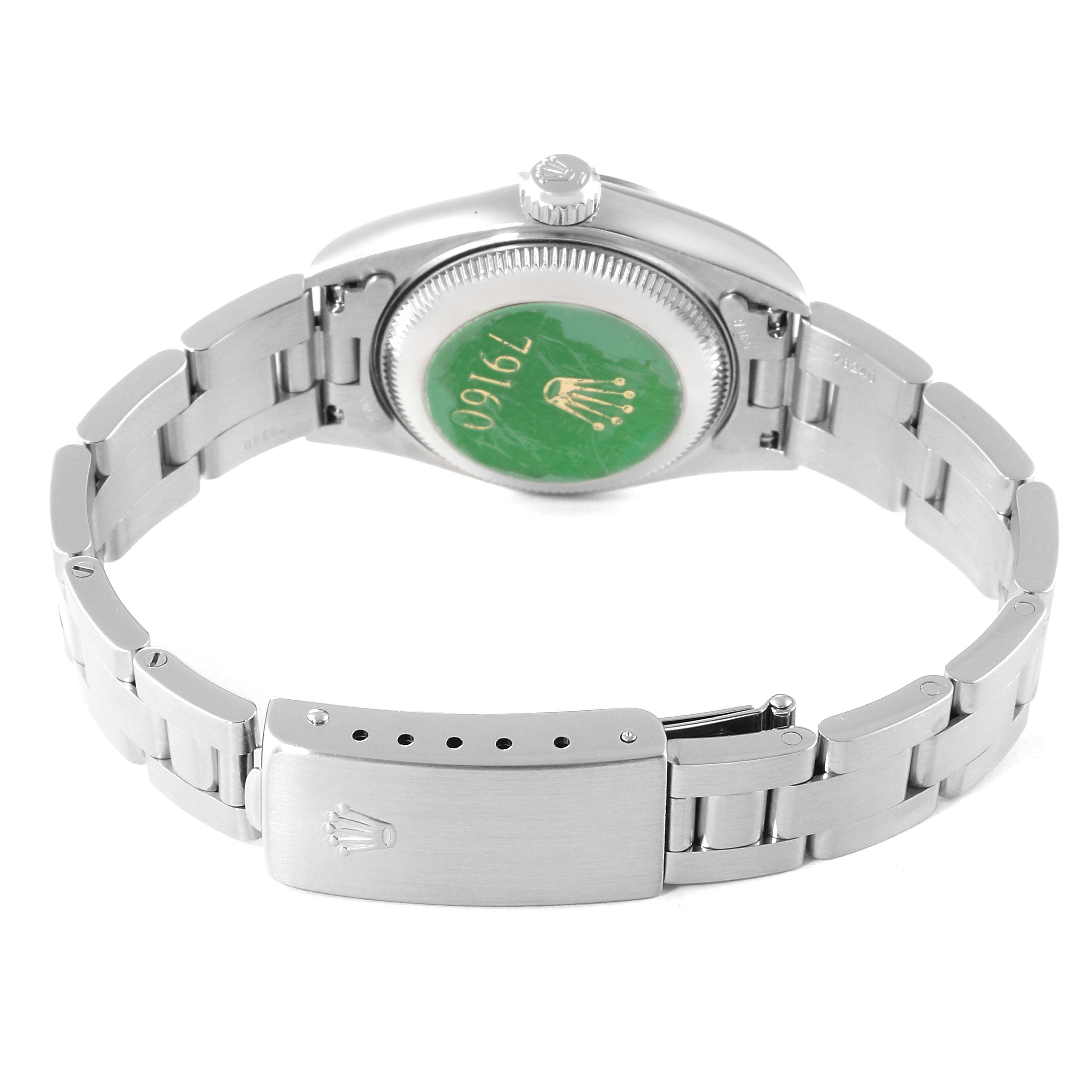 A Rolex Date 79160 Women
s Stainless Steel Silver Dial 79160 Women
s Stainless Steel Silver Dial model watch is shown from the rear, highlighting the case back, bracelet, and clasp.