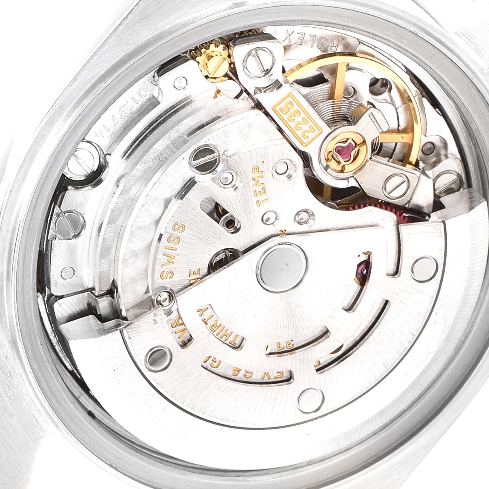 The image shows the intricate movement of a Rolex Date 79160 Women
s Stainless Steel Silver Dial 79160 Women
s Stainless Steel Silver Dial model watch from a closed-up, top-down angle.