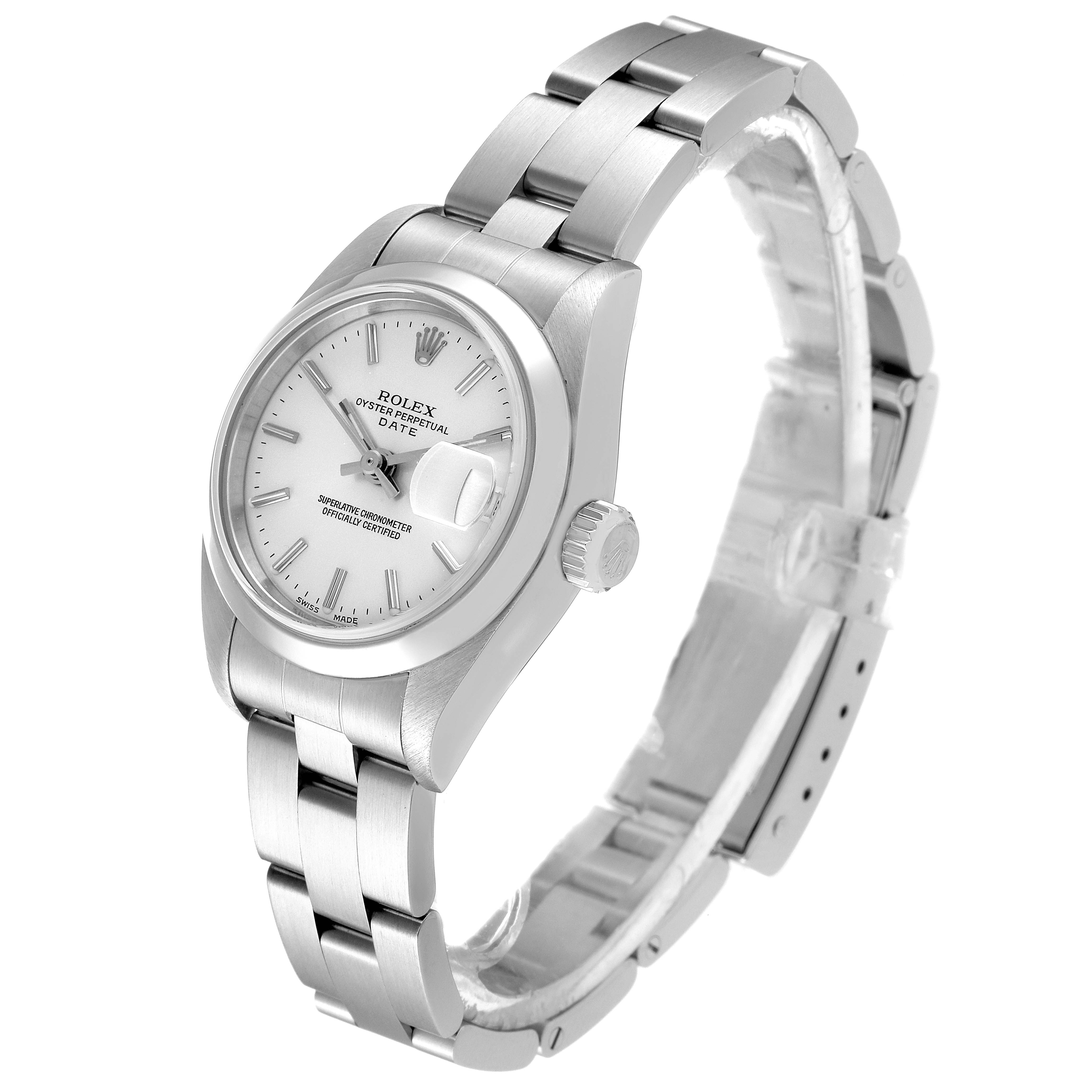 This image shows a side angle view of a Rolex Date 79160 Women
s Stainless Steel Silver Dial 79160 Women
s Stainless Steel Silver Dial model watch, highlighting the dial, bezel, crown, and bracelet.