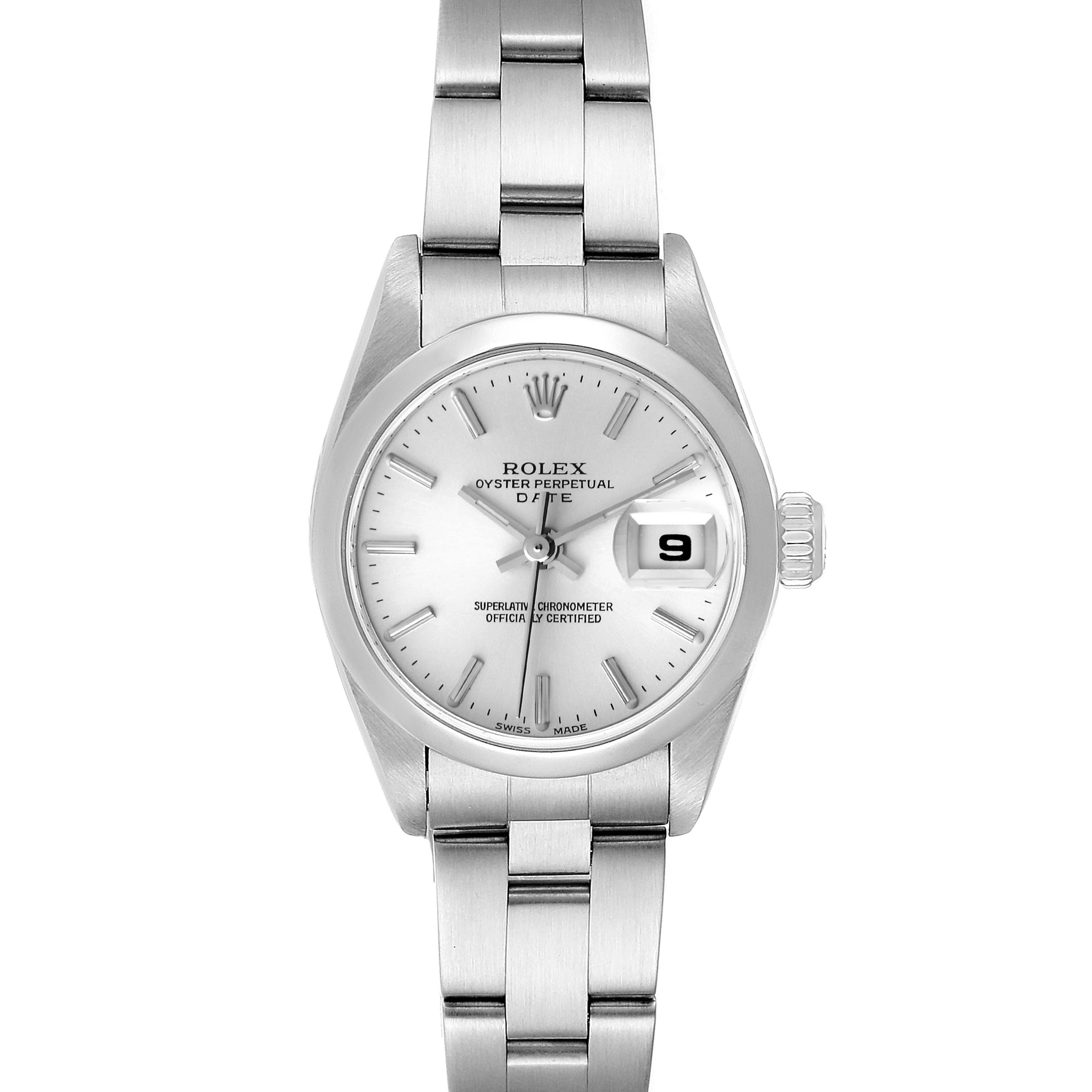 This image shows a front view of the Rolex Date 79160 Women
s Stainless Steel Silver Dial 79160 Women
s Stainless Steel Silver Dial model watch, including the face, bracelet, crown, and date window.