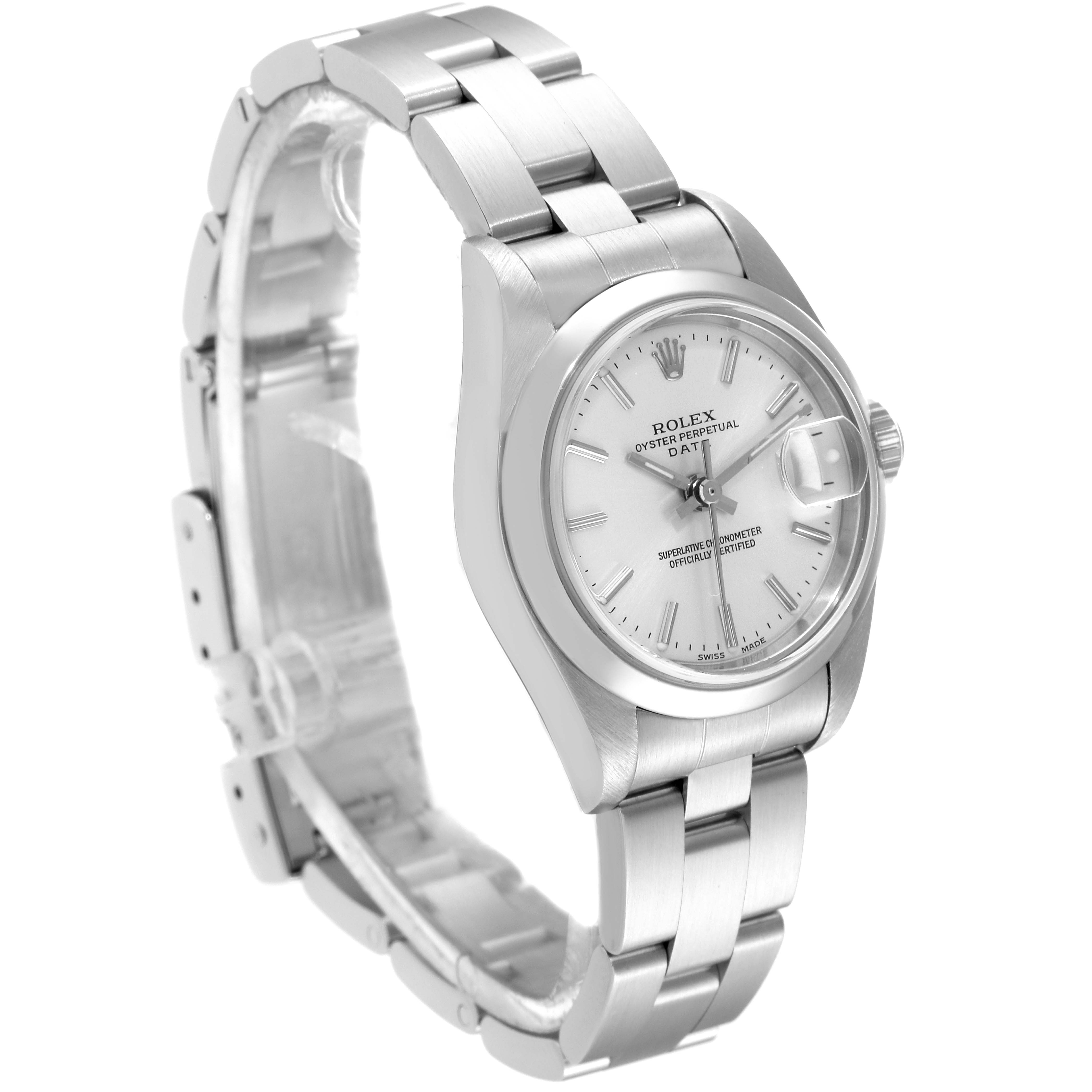 The Rolex Date 79160 Women
s Stainless Steel Silver Dial 79160 Women
s Stainless Steel Silver Dial model watch is shown at a three-quarter angle highlighting the face, band, and crown.