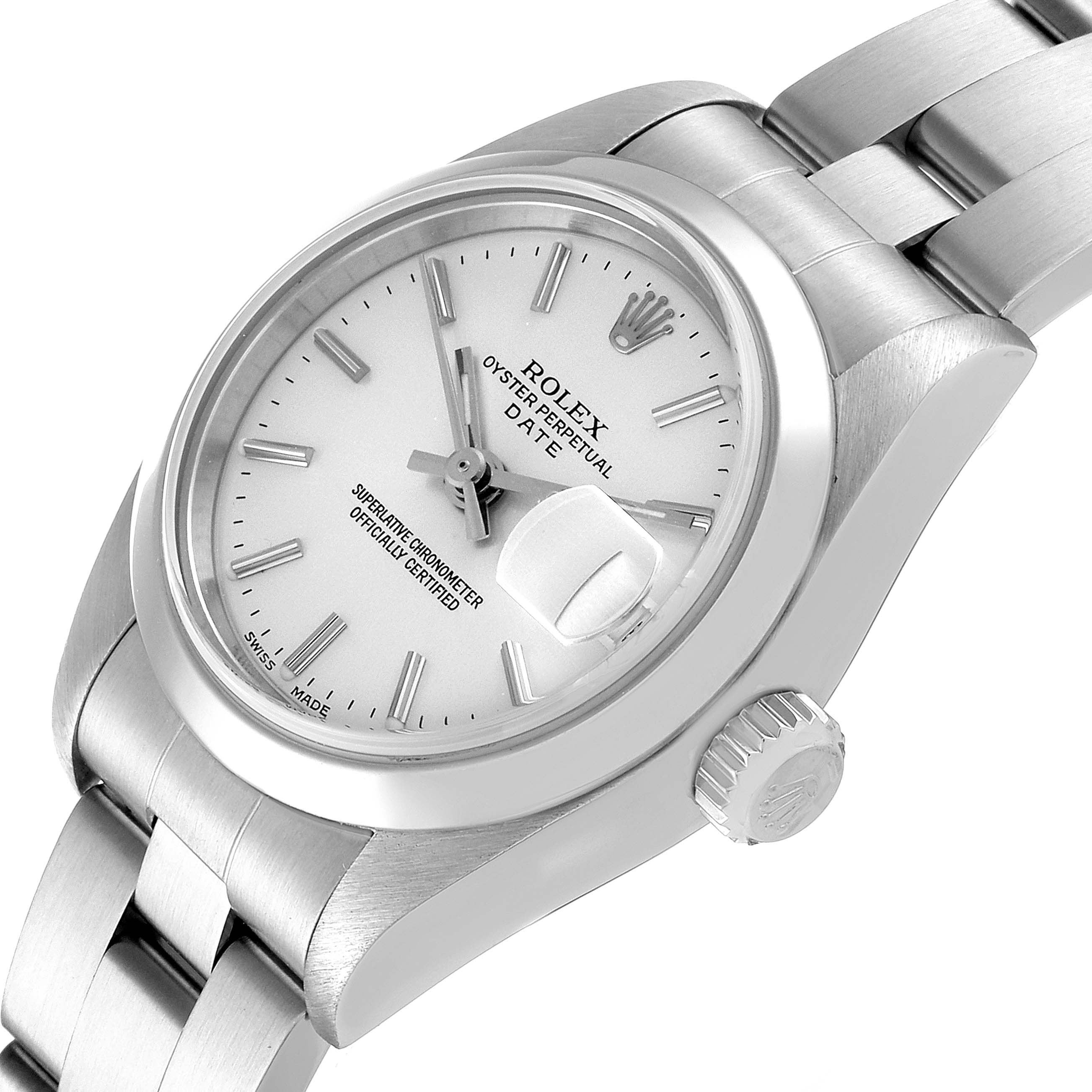 The image shows a side angle of the Rolex Date 79160 Women
s Stainless Steel Silver Dial 79160 Women
s Stainless Steel Silver Dial watch, highlighting its white dial, bracelet, case, and crown.