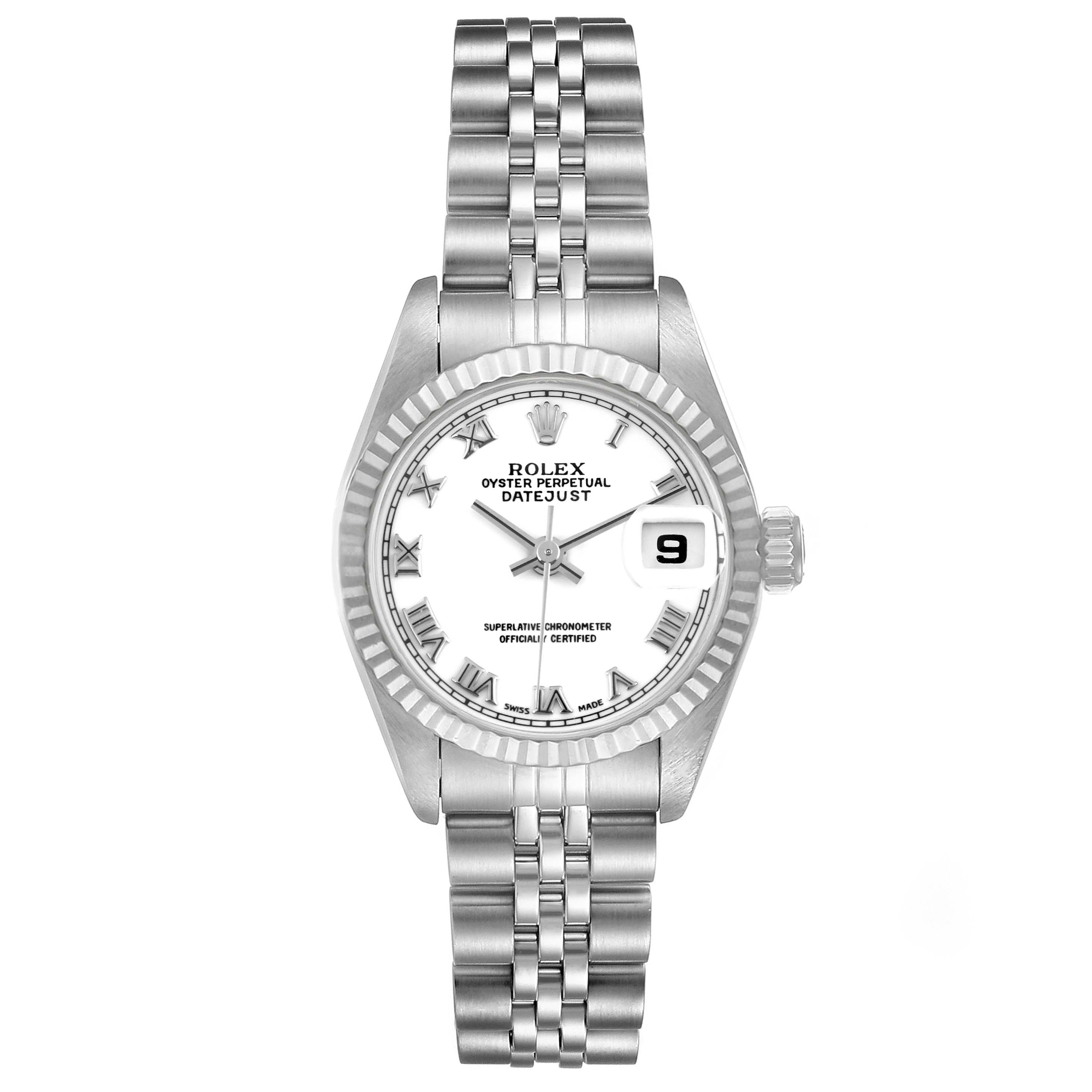 The image shows a frontal view of the Rolex Datejust 69174 Women
s Stainless Steel White Dial 69174 Women
s Stainless Steel White Dial watch, including the bracelet, dial, and date window.