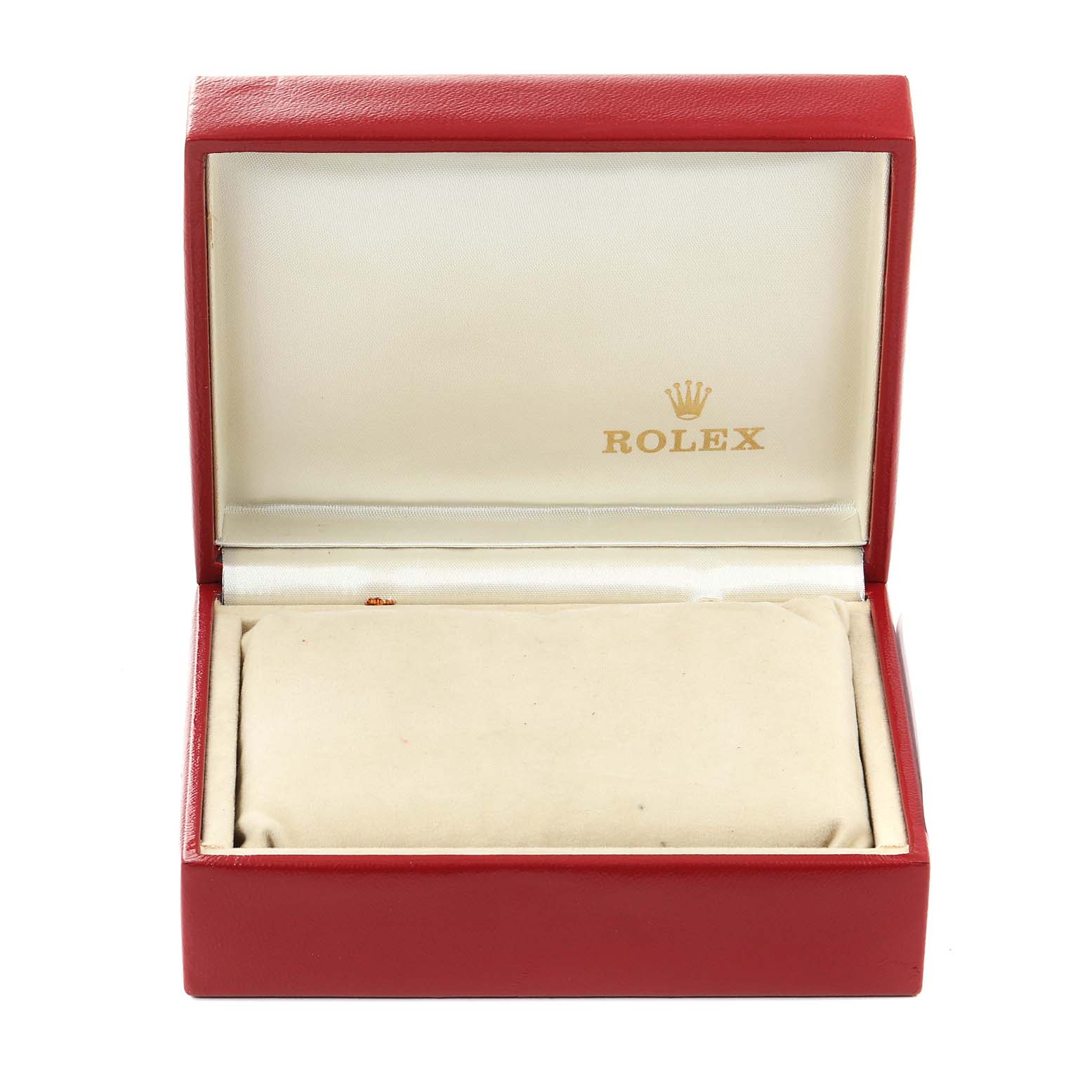 The image shows an open red Rolex watch box, likely for the Datejust model, but the watch itself is not visible.