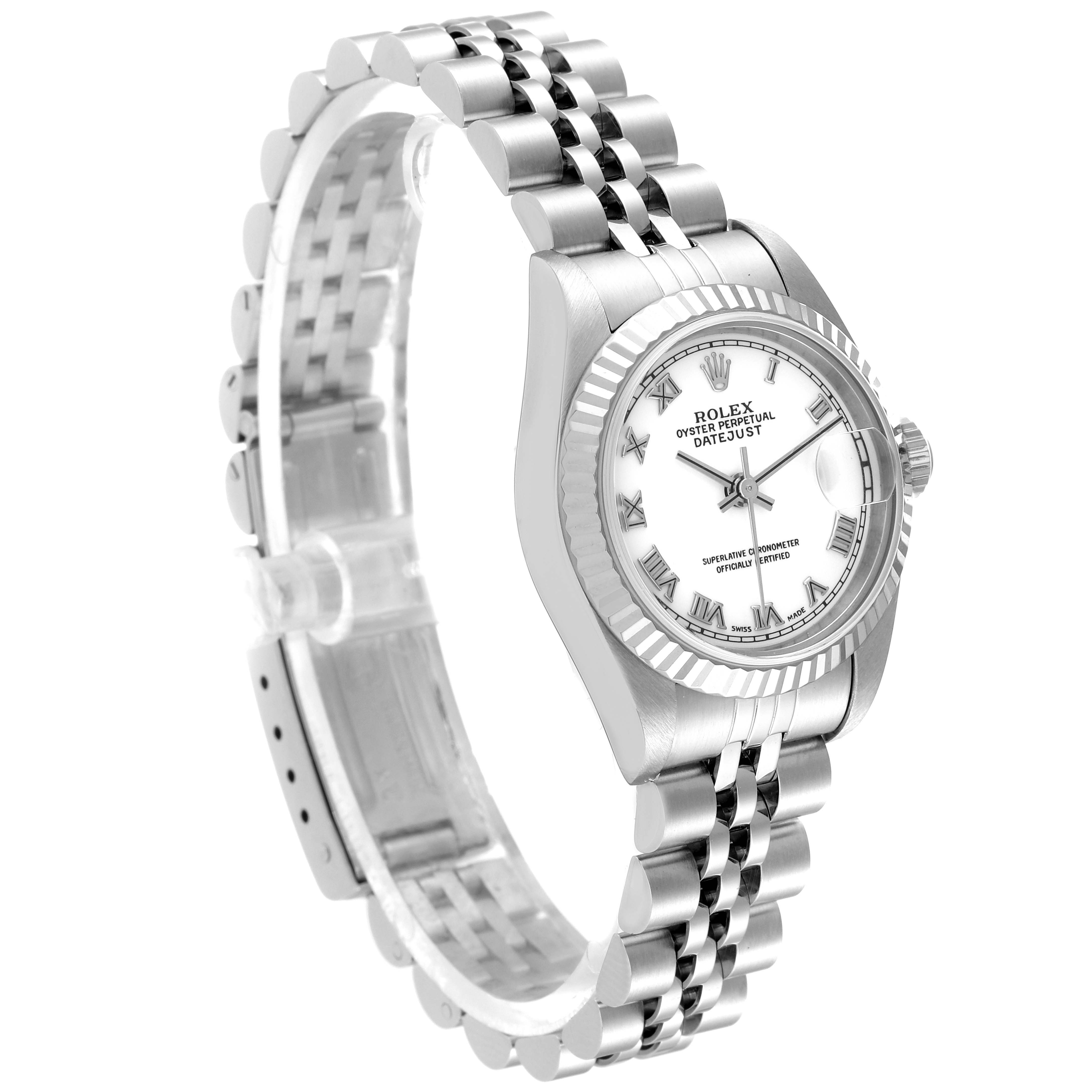 The image shows a Rolex Datejust 69174 Women
s Stainless Steel White Dial 69174 Women
s Stainless Steel White Dial watch at a three-quarter angle, highlighting its silver fluted bezel, white dial, and Jubilee bracelet.