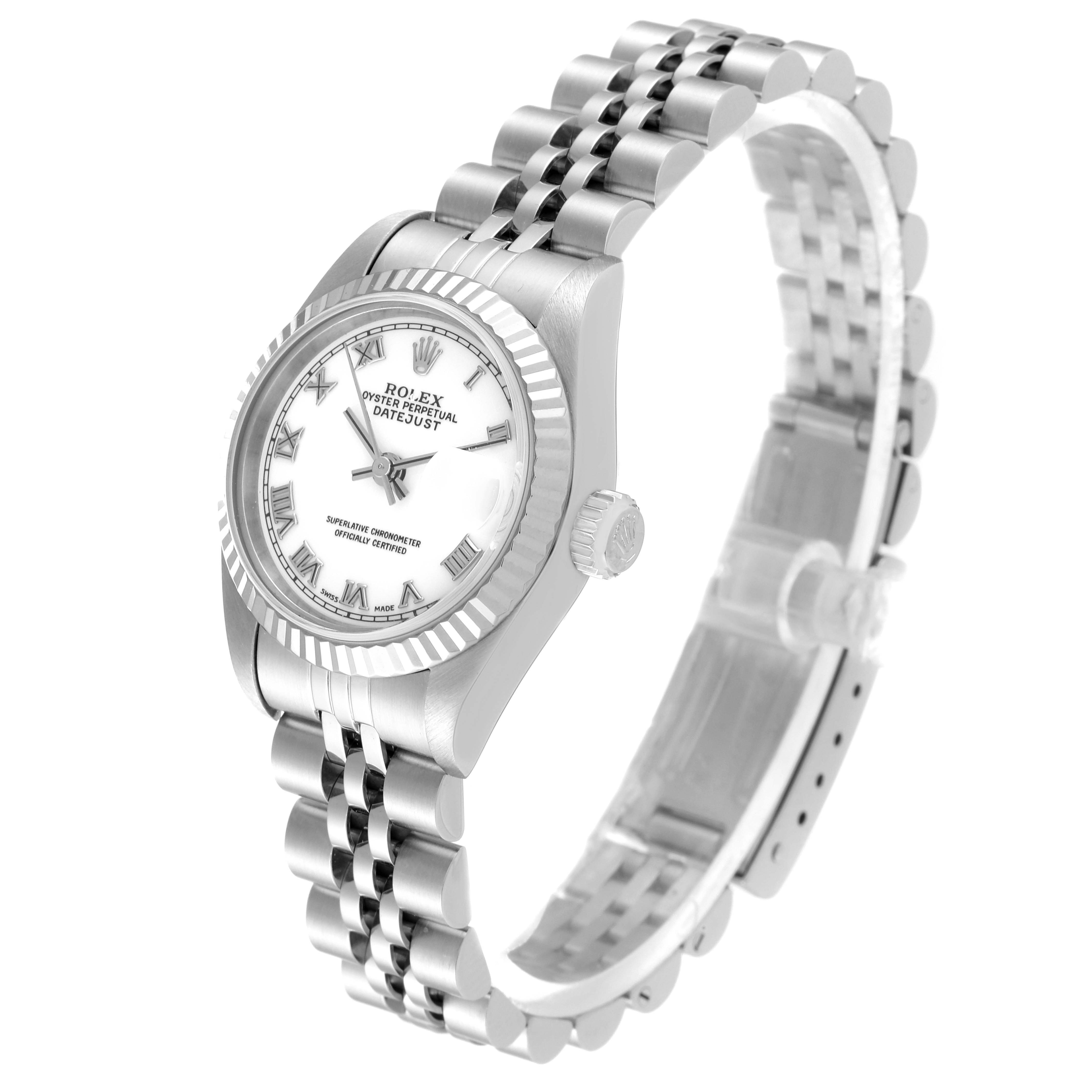 The image shows a Rolex Datejust 69174 Women
s Stainless Steel White Dial 69174 Women
s Stainless Steel White Dial watch at a three-quarter angle, highlighting the face, bezel, crown, and jubilee bracelet.