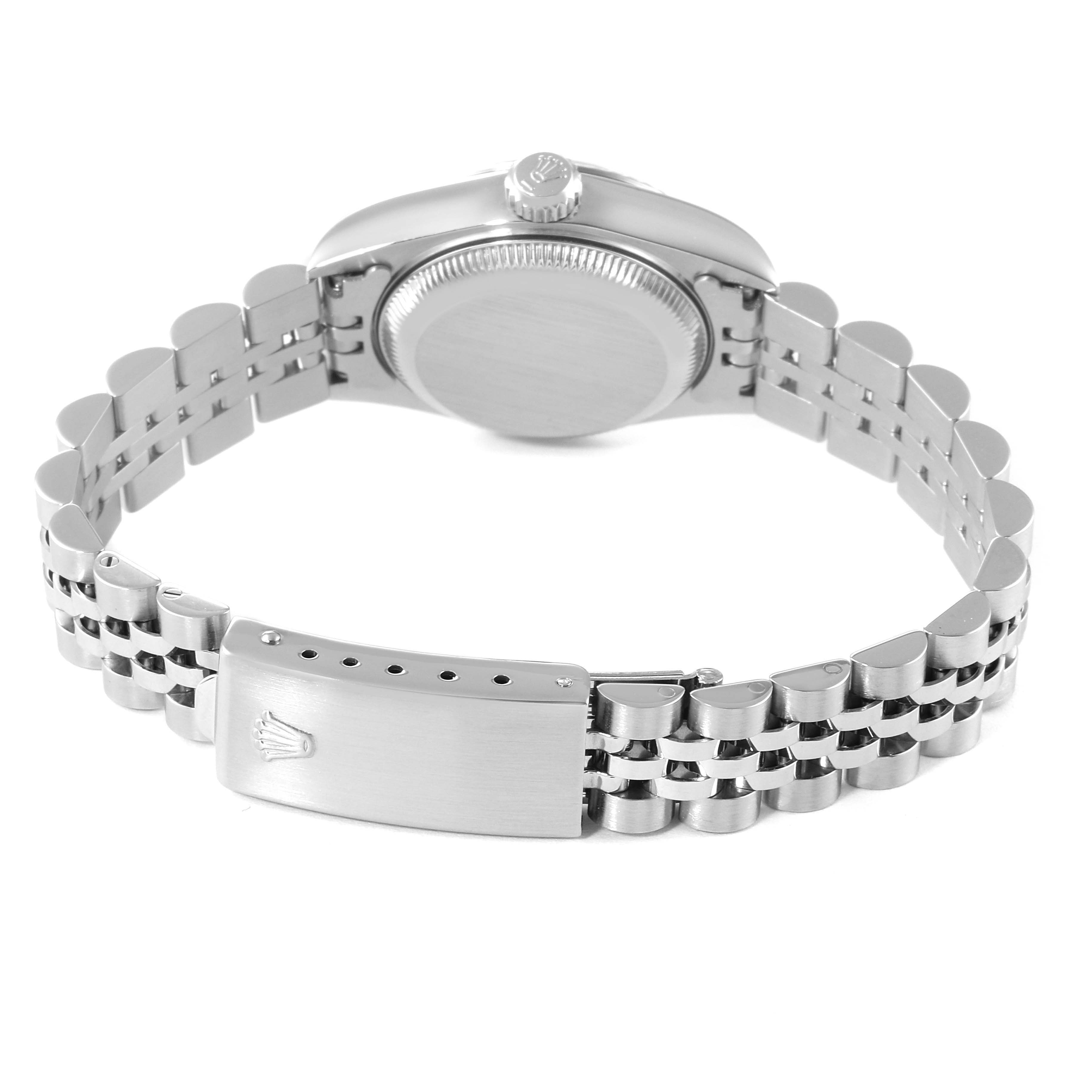 This image shows the back case and bracelet clasp of a Rolex Datejust 69174 Women
s Stainless Steel White Dial 69174 Women
s Stainless Steel White Dial watch from a rear angle.