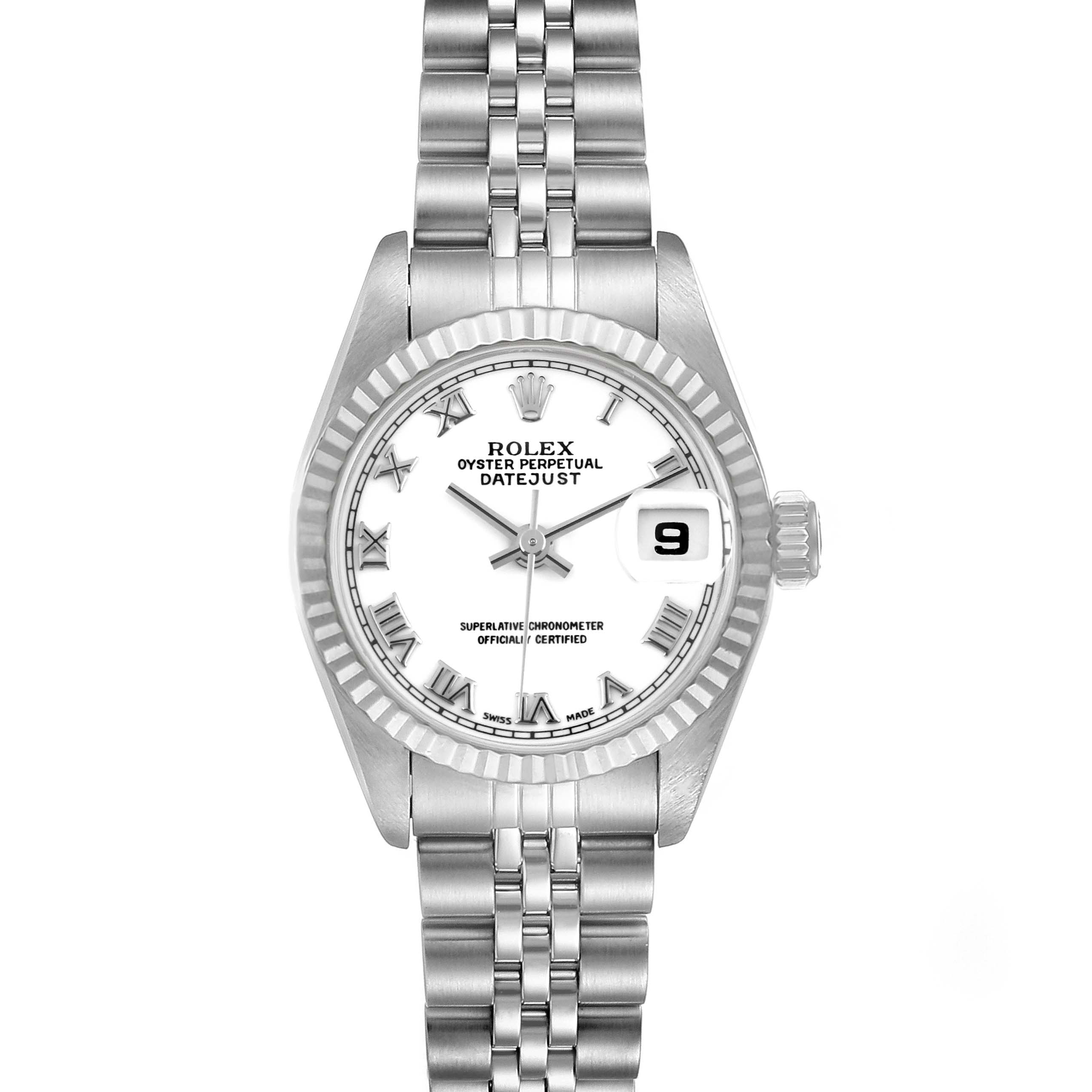 This image shows a Rolex Datejust 69174 Women
s Stainless Steel White Dial 69174 Women
s Stainless Steel White Dial watch from a top-down angle, highlighting the dial, bezel, and bracelet.