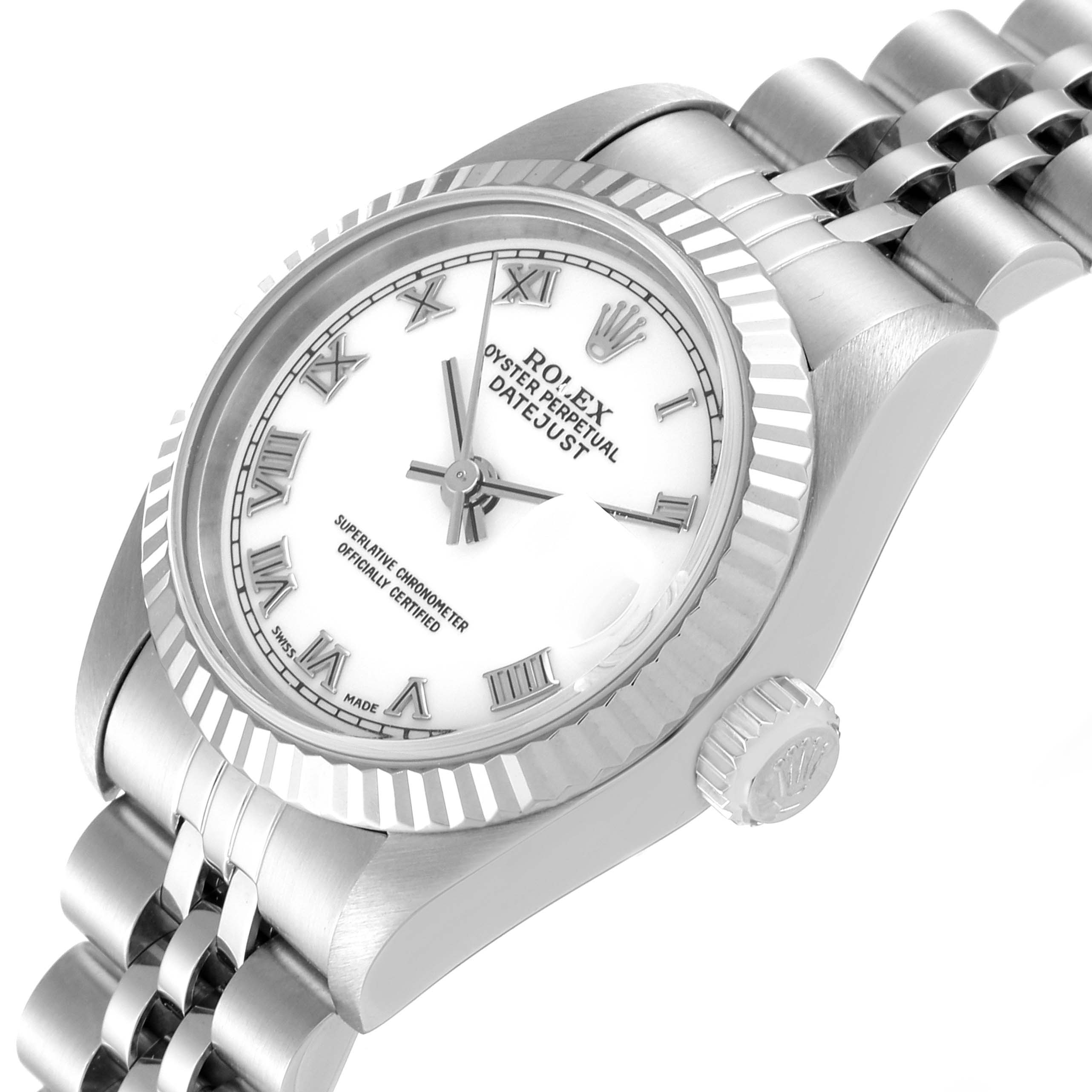The image shows a Rolex Datejust 69174 Women
s Stainless Steel White Dial 69174 Women
s Stainless Steel White Dial watch at a 3/4 angle, displaying the face, bezel, crown, and bracelet.