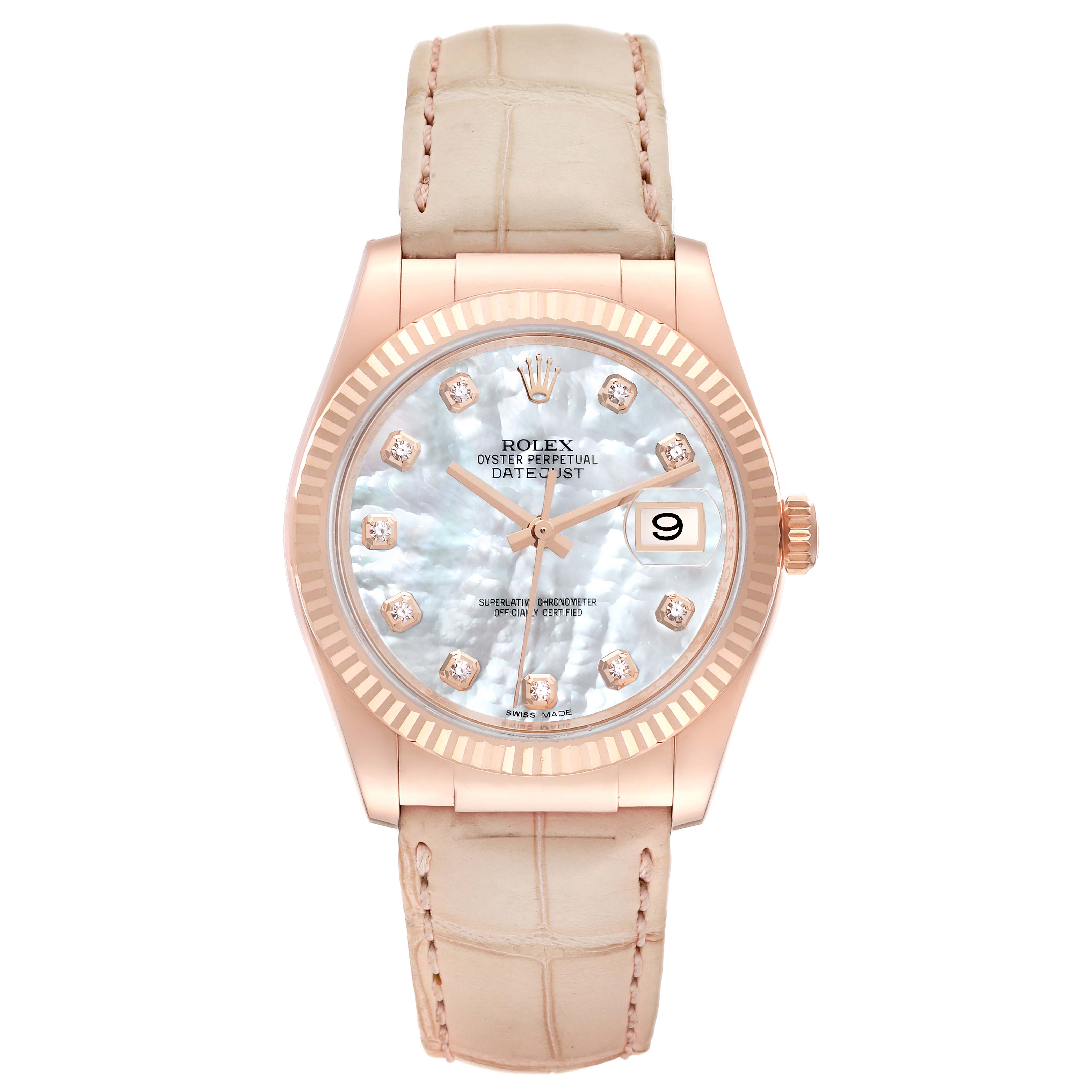 The image shows a front view of a Rolex President 116135 Men's Rose Gold Mother of Pearl Dial 116135 Men's Rose Gold Mother of Pearl Dial model watch, highlighting the dial, bezel, crown, and leather strap.