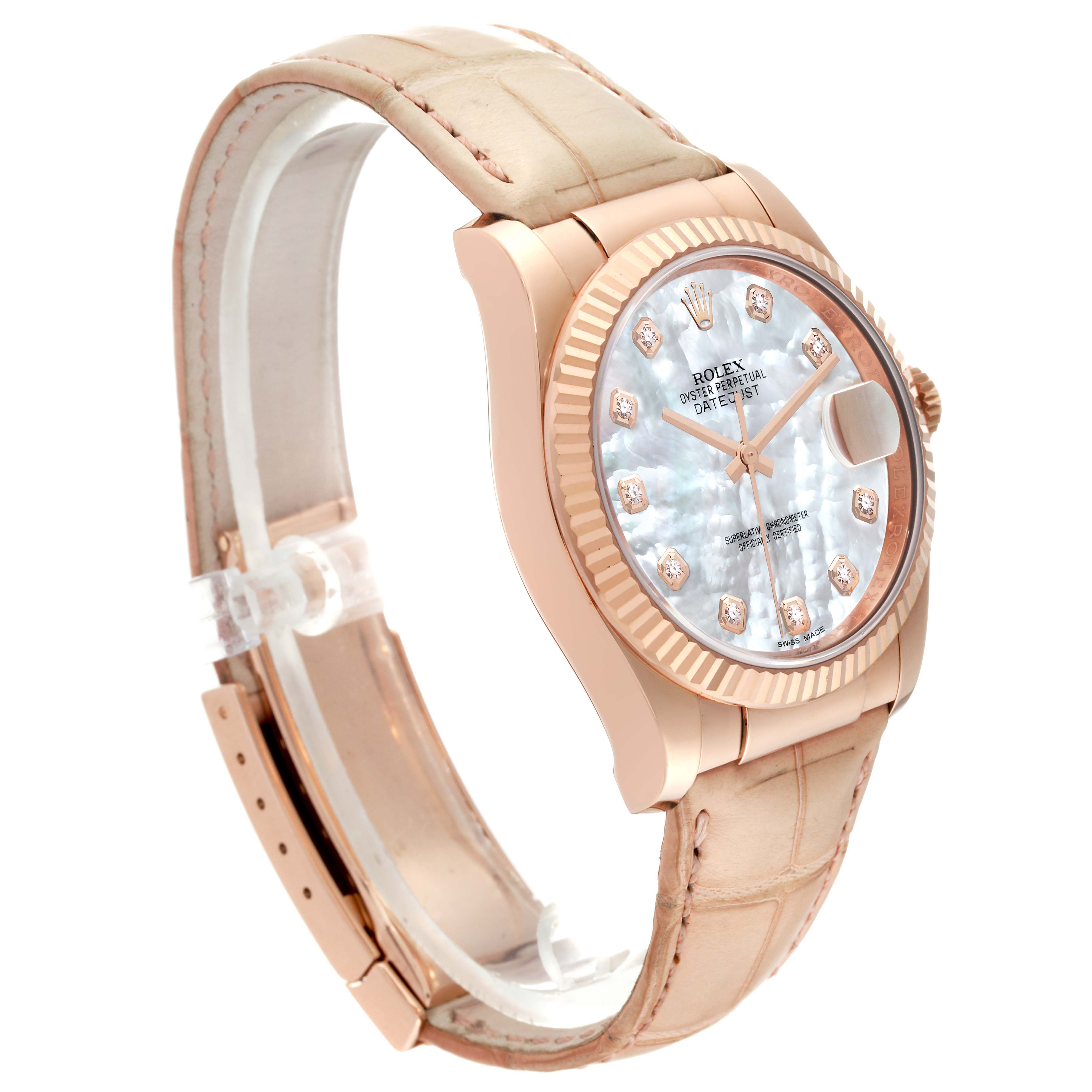 The Rolex President 116135 Men's Rose Gold Mother of Pearl Dial 116135 Men's Rose Gold Mother of Pearl Dial model watch is shown at a three-quarter angle, displaying its face, bezel, crown, and leather strap.