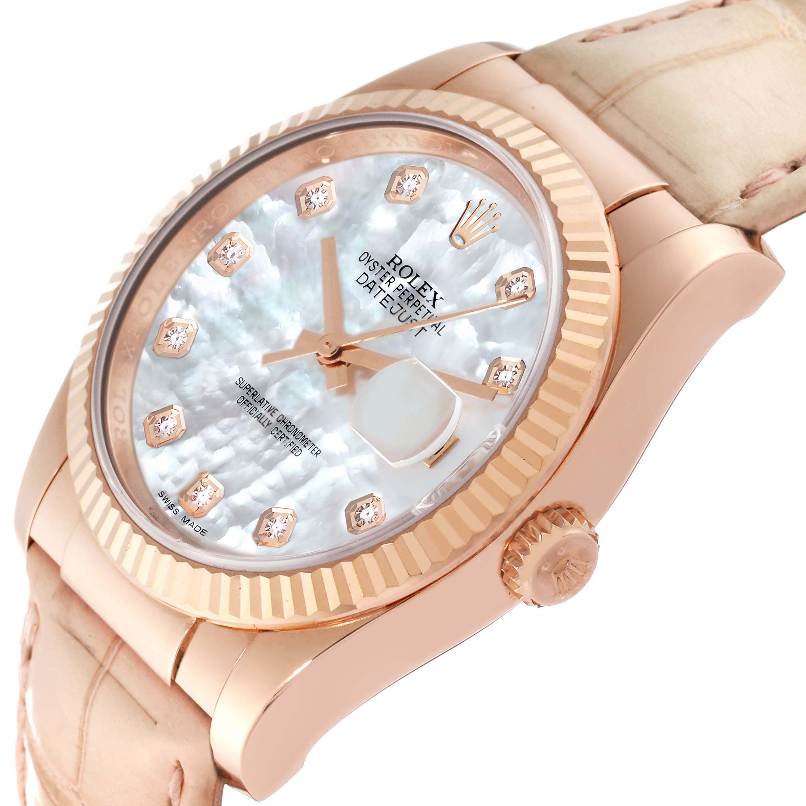 The image shows a close-up side angle of a Rolex President 116135 Men's Rose Gold Mother of Pearl Dial 116135 Men's Rose Gold Mother of Pearl Dial model watch, highlighting the dial, fluted bezel, and crown.