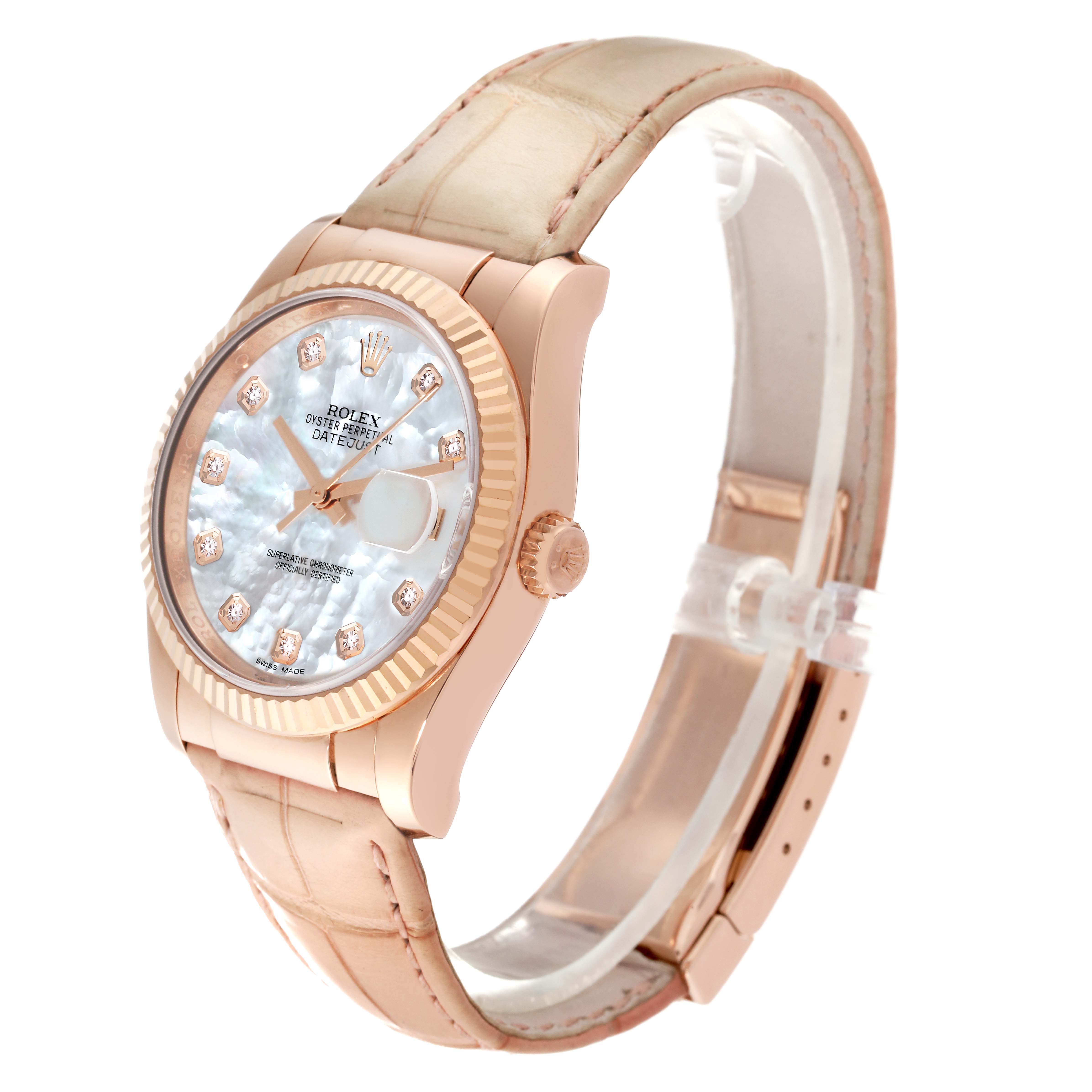 The image shows a side angle of the Rolex President 116135 Men's Rose Gold Mother of Pearl Dial 116135 Men's Rose Gold Mother of Pearl Dial model watch, highlighting its dial, bezel, crown, and leather strap.