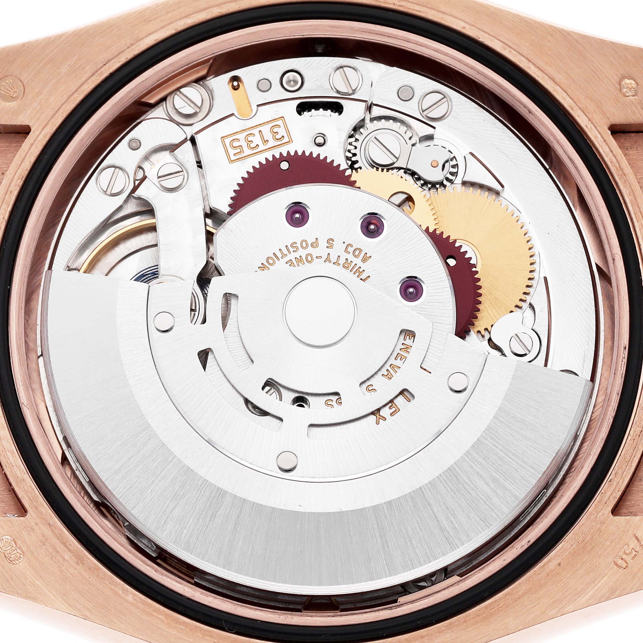 This image shows the internal mechanical movement of a Rolex President 116135 Men's Rose Gold Mother of Pearl Dial 116135 Men's Rose Gold Mother of Pearl Dial model watch from a back view.