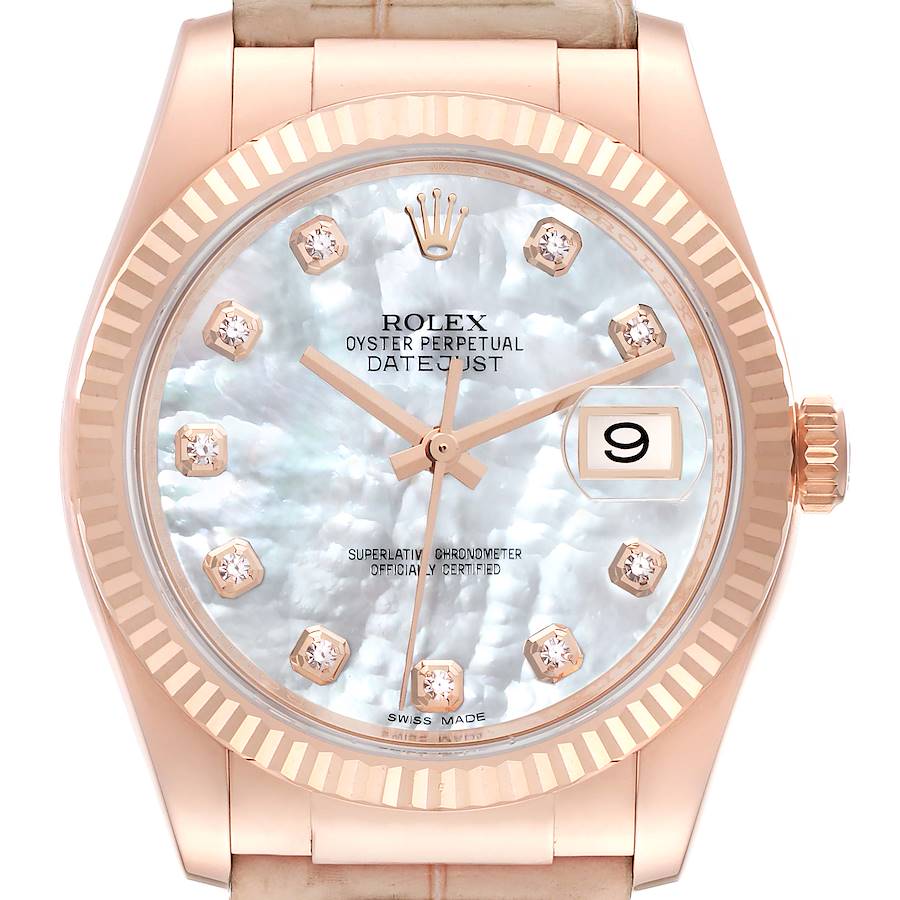 Rolex Datejust Rose Gold Mother of Pearl Diamond Watch 116135 Box Card SwissWatchExpo