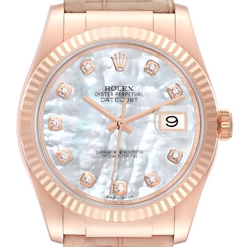 Photo of Rolex Datejust Rose Gold Mother of Pearl Diamond Watch 116135 Box Card