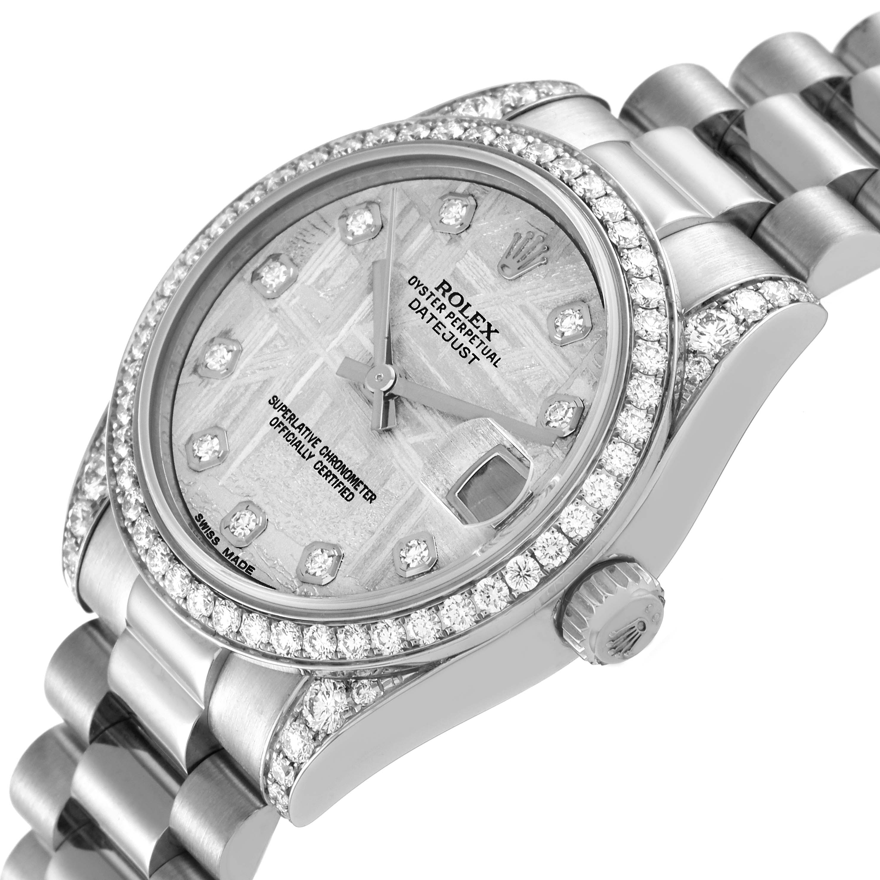 This Rolex President 178159 Women's White Gold Silver Dial 178159 Women's White Gold Silver Dial model watch is shown at an angled view, displaying its bezel, dial, crown, and part of its bracelet.