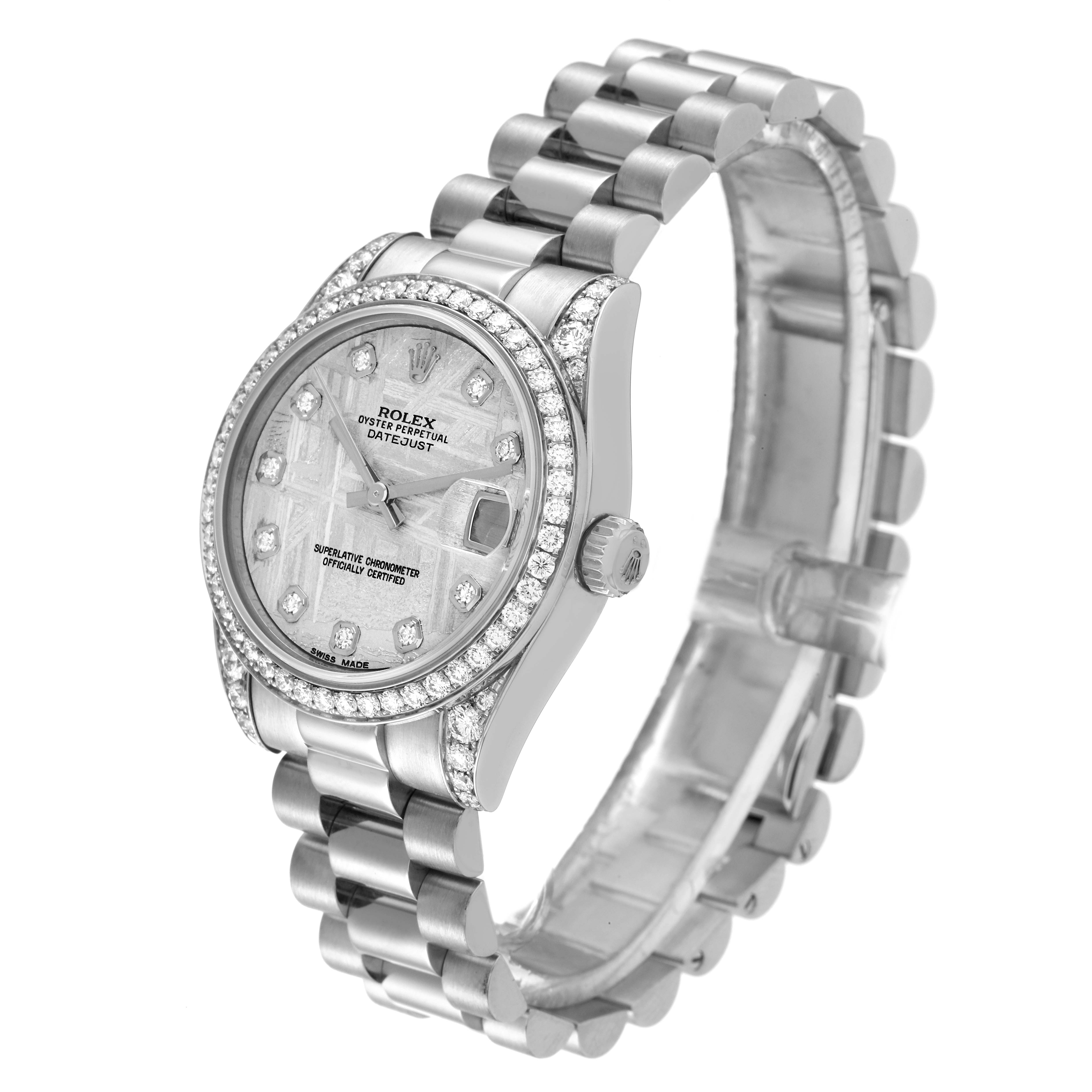 The Rolex President 178159 Women's White Gold Silver Dial 178159 Women's White Gold Silver Dial watch is shown at an angled side view, displaying its face, bezel, and bracelet.