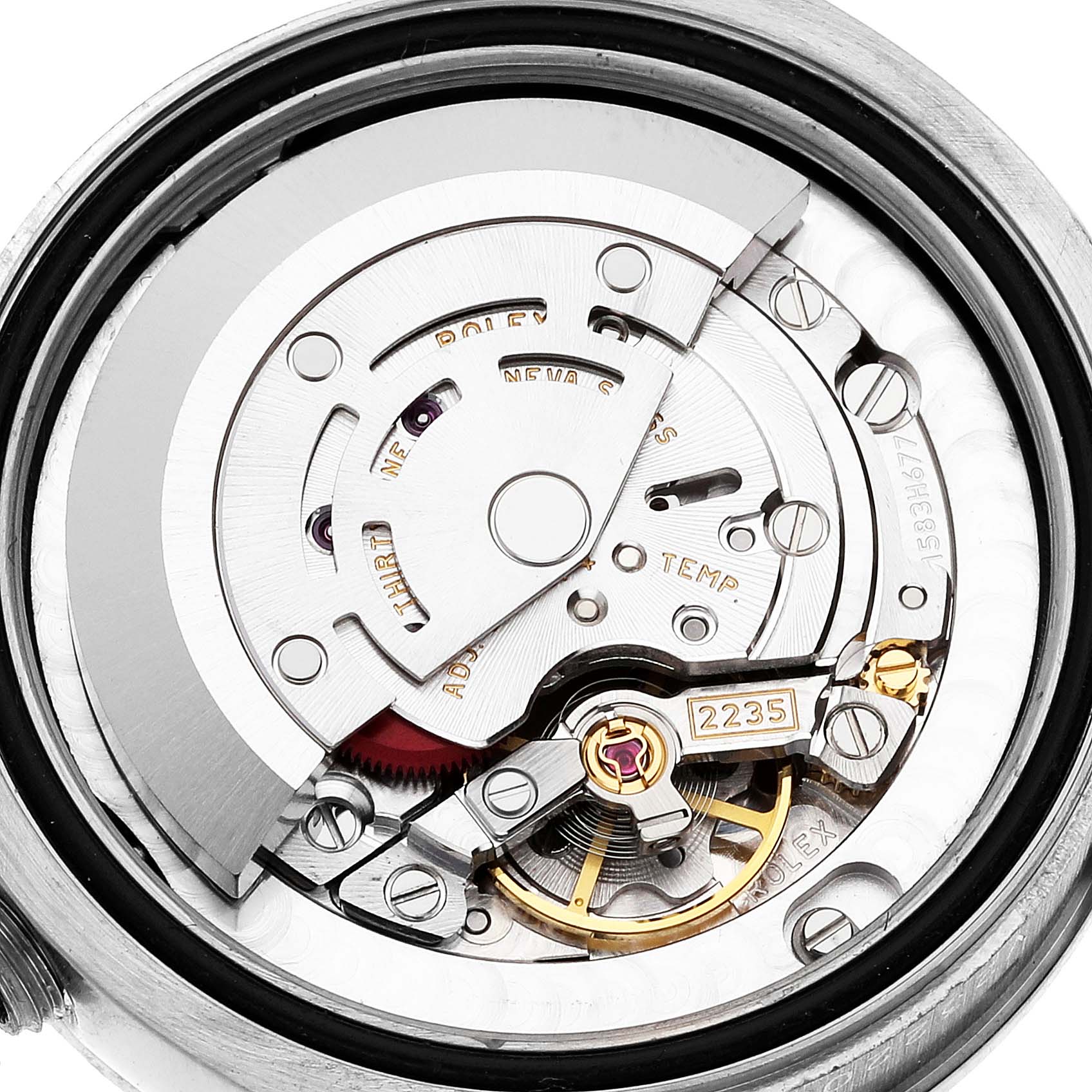 This image shows the internal mechanism, including the rotor and balance wheel, of a Rolex President 178159 Women's White Gold Silver Dial 178159 Women's White Gold Silver Dial model watch from a top-down angle.