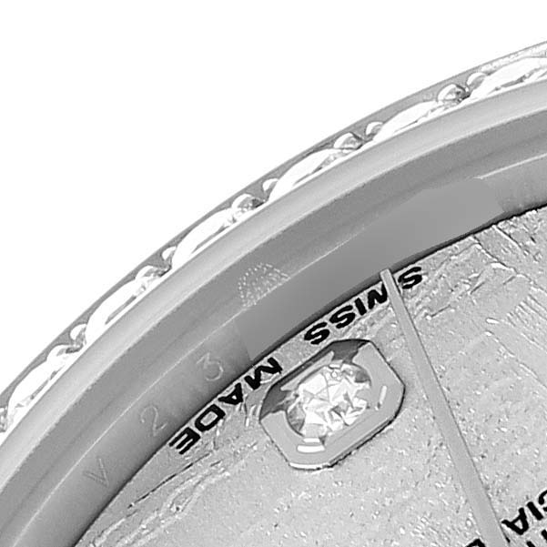 The image shows a close-up of the watch face, bezel, and part of the dial of a Rolex President 178159 Women's White Gold Silver Dial 178159 Women's White Gold Silver Dial model, with a visible "Swiss Made" inscription.