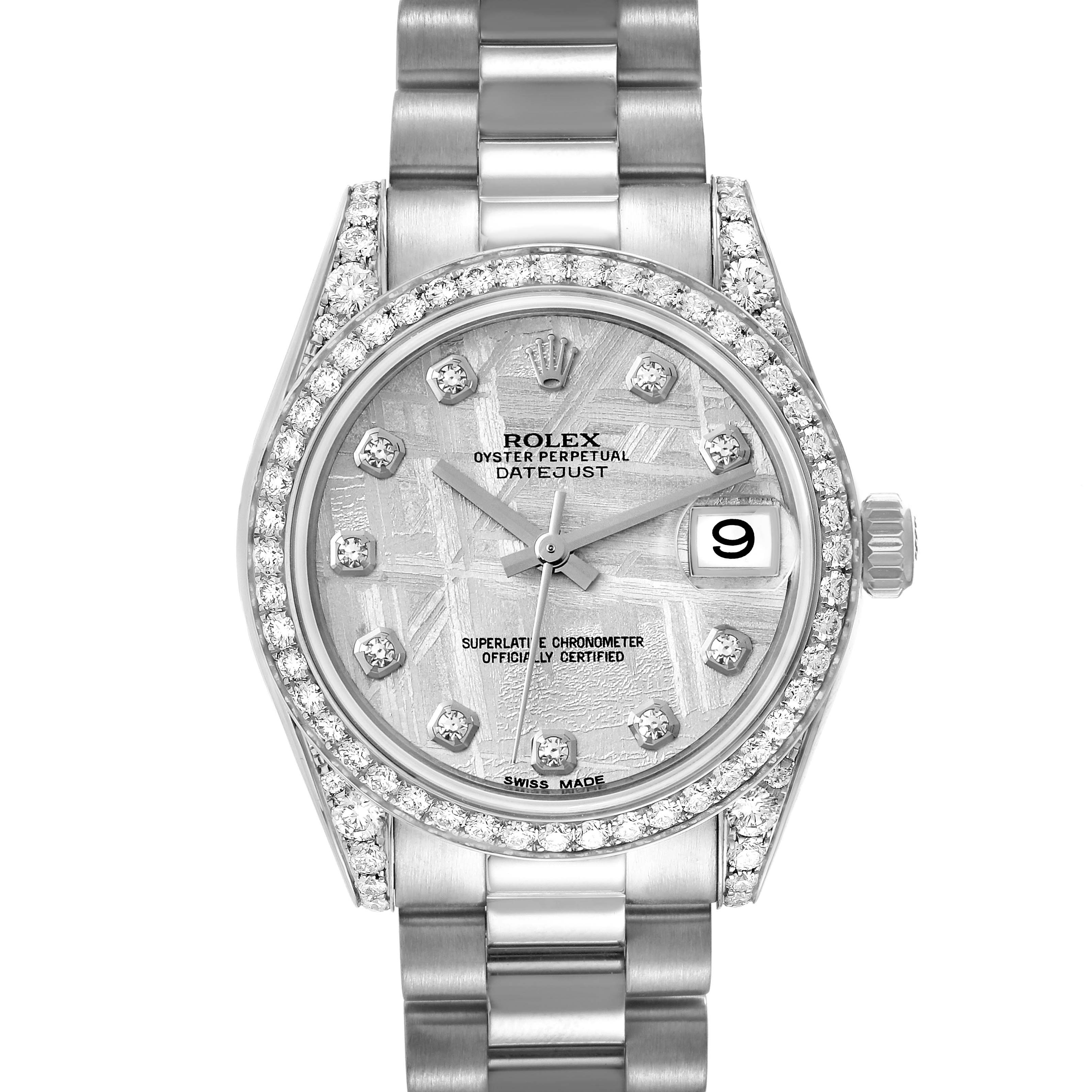 This image shows a front view of the Rolex President 178159 Women's White Gold Silver Dial 178159 Women's White Gold Silver Dial model watch including the dial, bezel, and band.