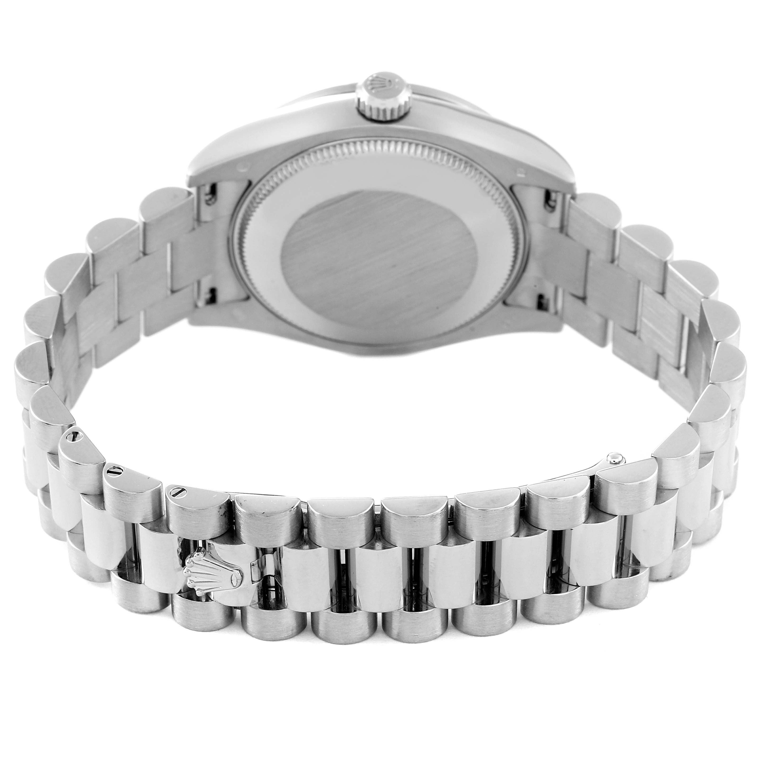The image shows the back case and bracelet of a Rolex President 178159 Women's White Gold Silver Dial 178159 Women's White Gold Silver Dial model watch from a rear angle.
