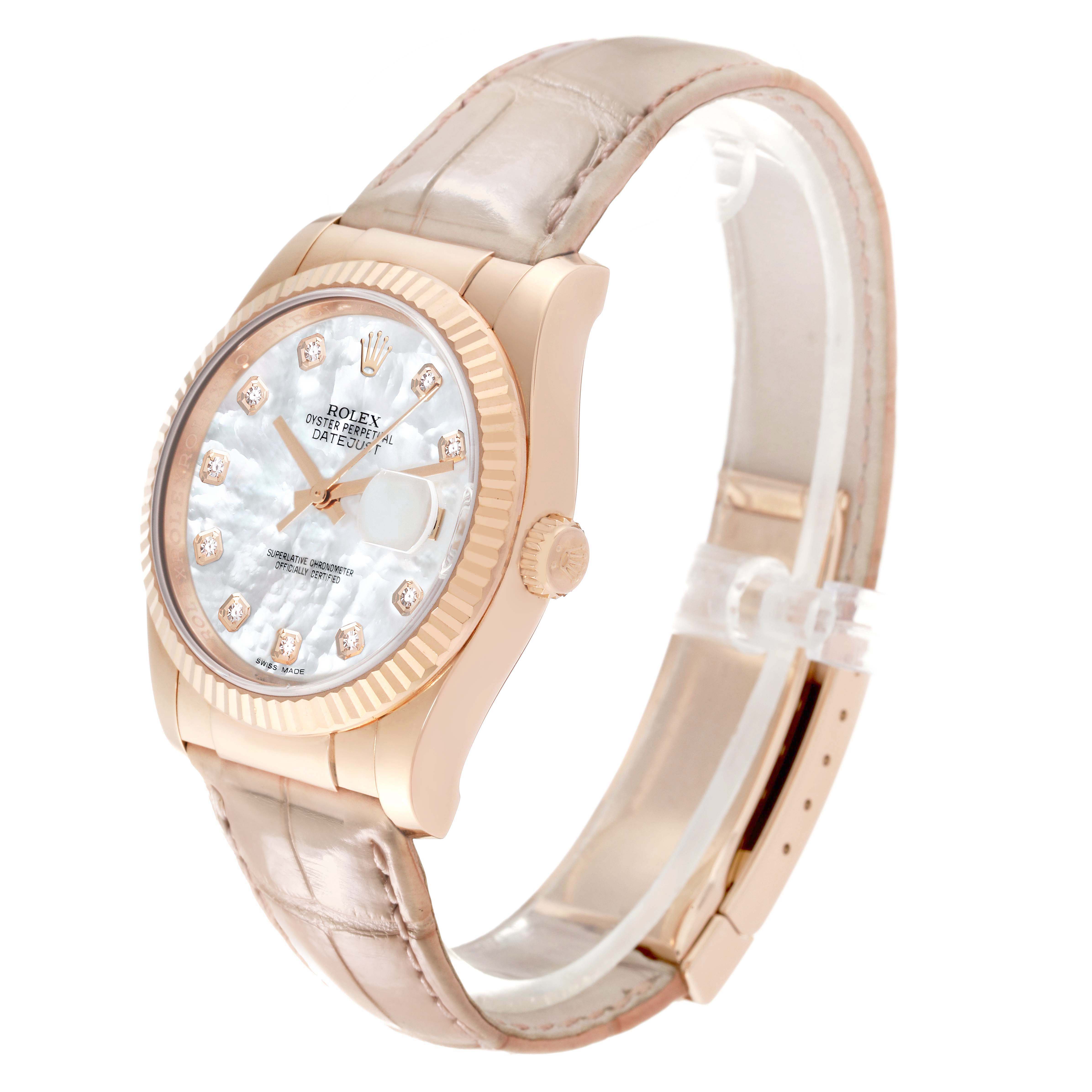 The Rolex Datejust 116135 Men's Rose Gold Mother of Pearl Dial watch is shown at a three-quarter angle, highlighting the dial, bezel, crown, and strap.