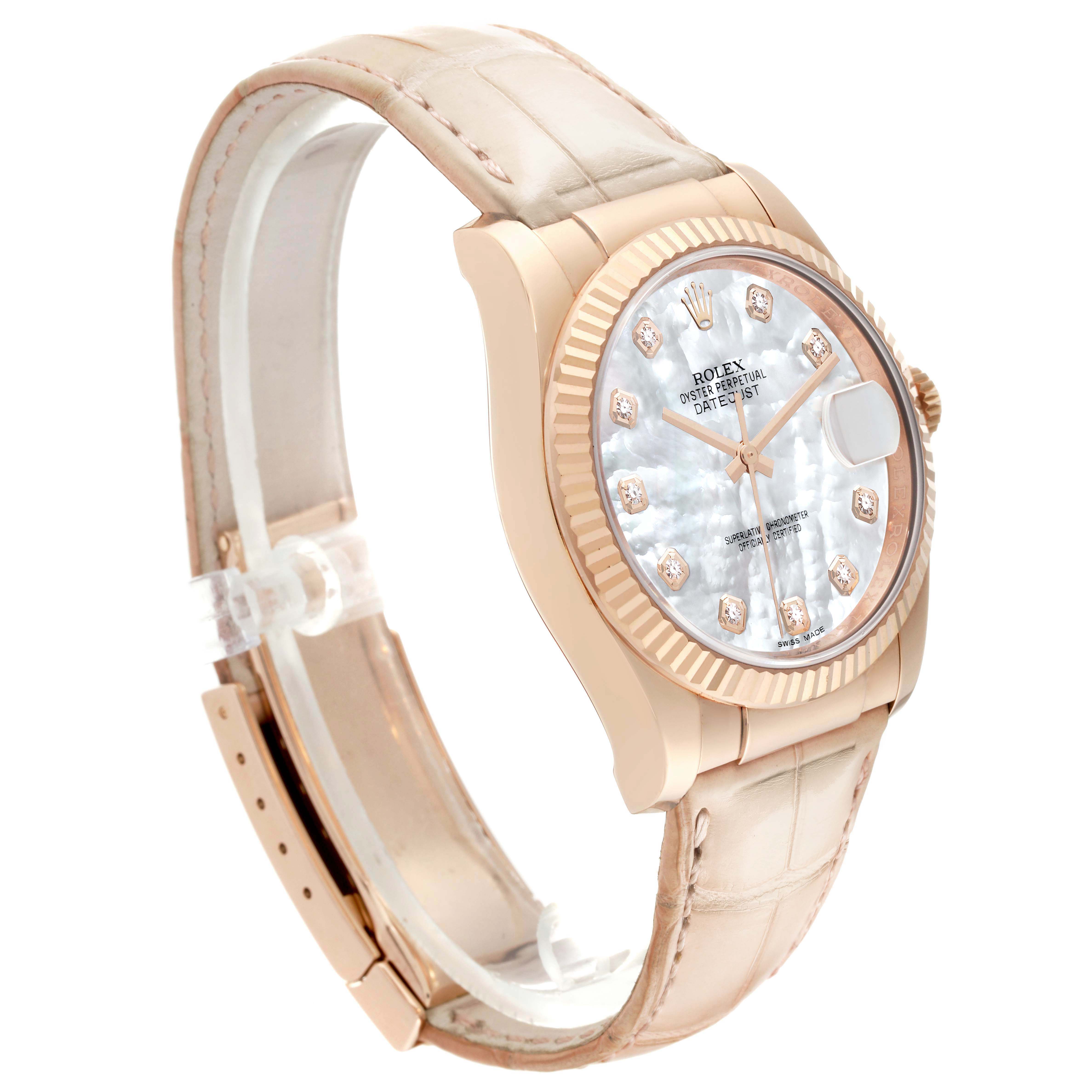 The Rolex Datejust 116135 Men's Rose Gold Mother of Pearl Dial watch is shown at a three-quarter angle, highlighting the dial, bezel, and part of the strap.