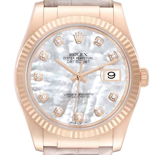 The image shows a frontal view of a Rolex Datejust 116135 Men's Rose Gold Mother of Pearl Dial watch with a fluted bezel and date window at 3 o'clock.
