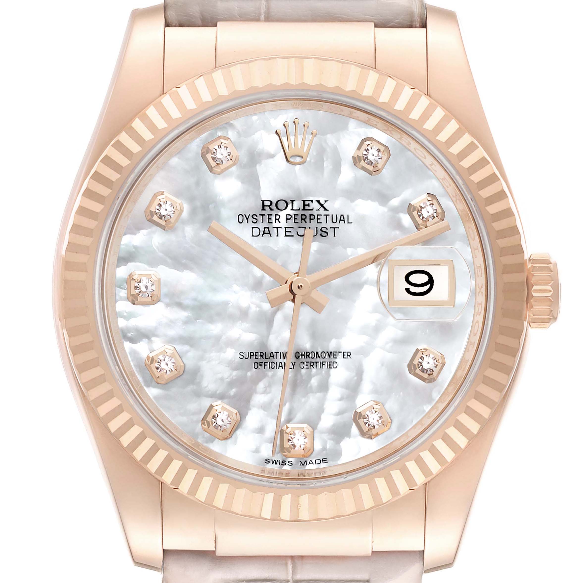 The Rolex Datejust 116135 Men's Rose Gold Mother of Pearl Dial watch is shown from a front angle, displaying the face, bezel, and part of the band.
